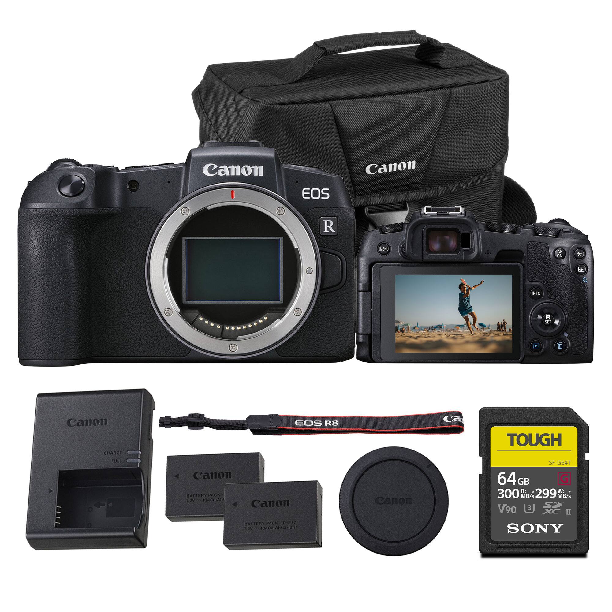 Canon EOS R8  
Canon EOS R  
Canon EOS R8  
Canon Battery Pack LP-E17  
Canon Battery Pack LP-E17  
Canon Battery Charger  
Canon Lens Cap  
Canon Camera Bag  
Canon Camera Strap  
Canon Tough 64GB SD Card (Sony)