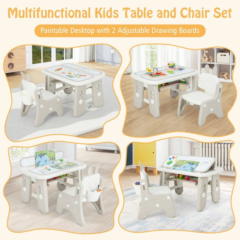 Multifunctional Kids Table and Chair Set  
Paintable Desktop with 2 Adjustable Drawing Boards
