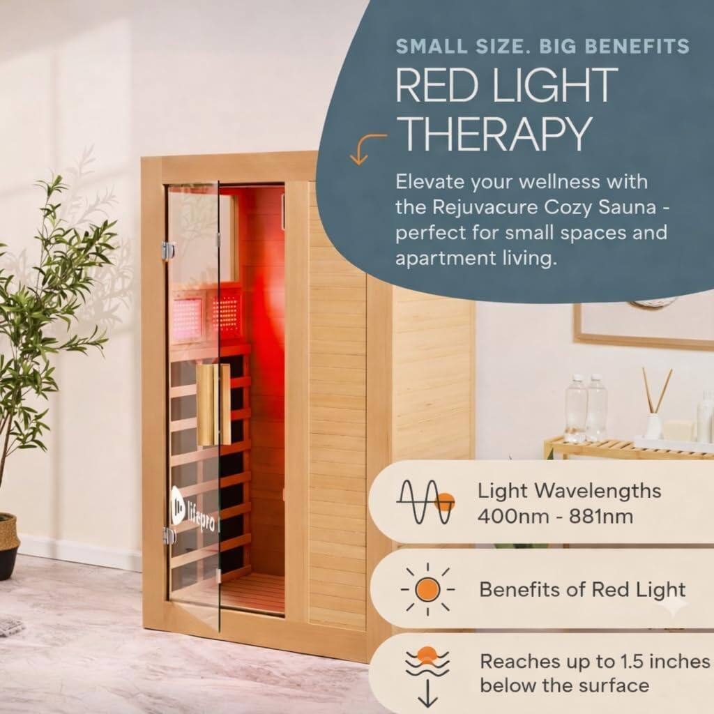 SMALL SIZE. BIG BENEFITS  
RED LIGHT THERAPY  

Elevate your wellness with the Rejuvacure Cozy Sauna - perfect for small spaces and apartment living.  

Light Wavelengths: 400nm - 881nm  

Benefits of Red Light:  
- Reaches up to 1.5 inches below the surface