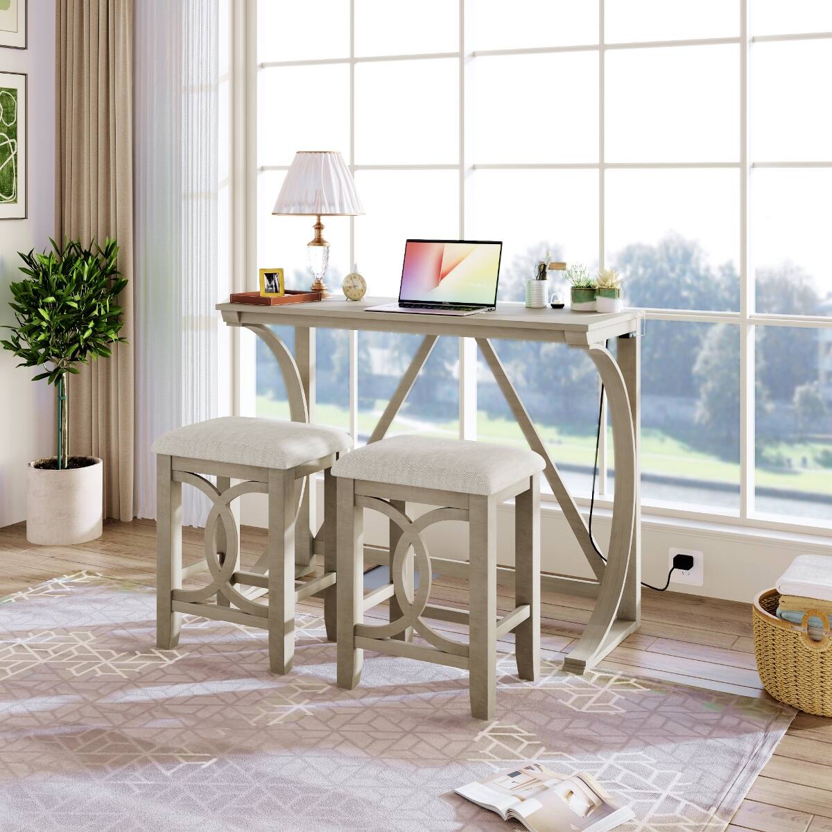 Loheer Farmhouse Counter Height Dining Set with USB and Type C Ports ...