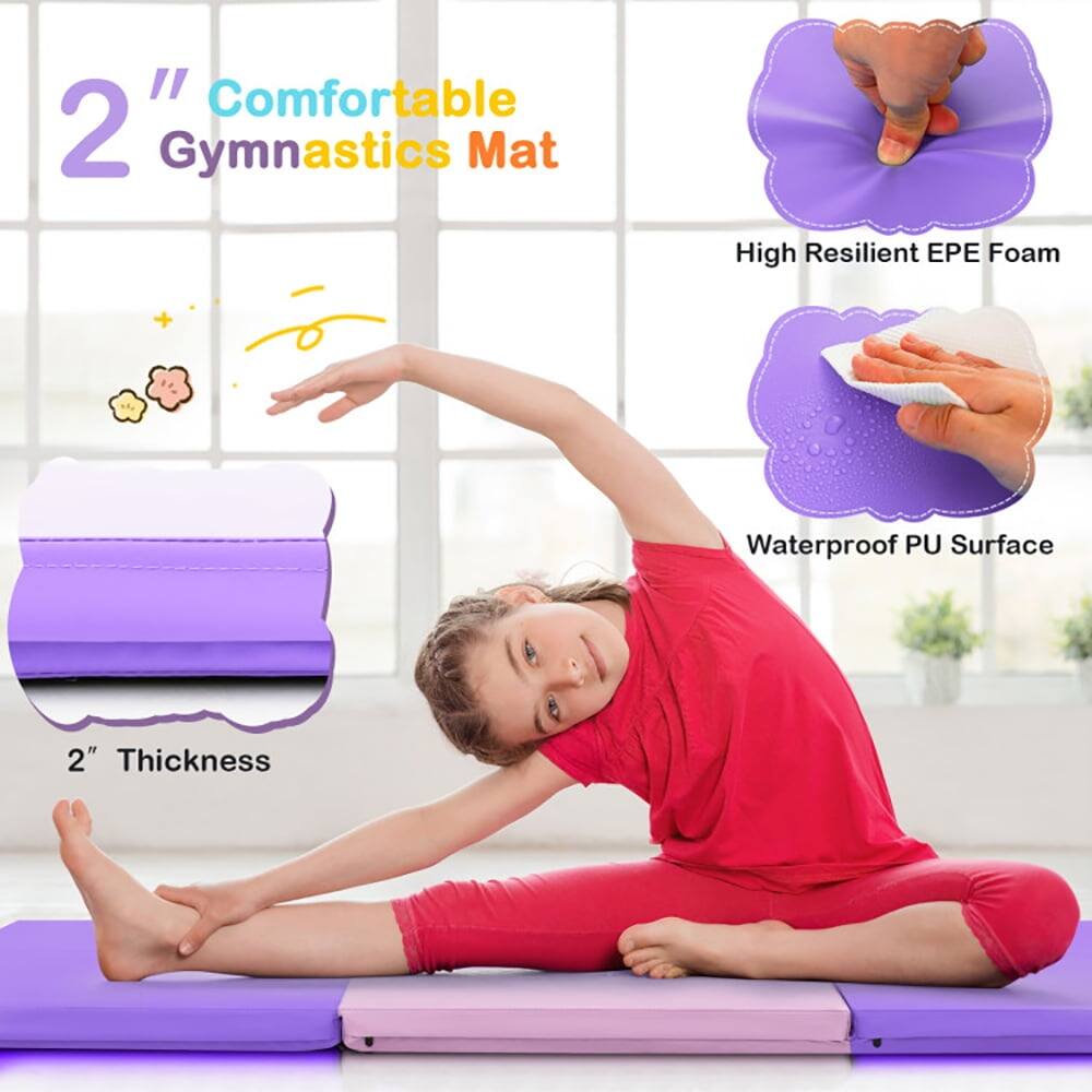 "2" Comfortable Gymnastics Mat  
High Resilient EPE Foam  
Waterproof PU Surface  
2" Thickness"