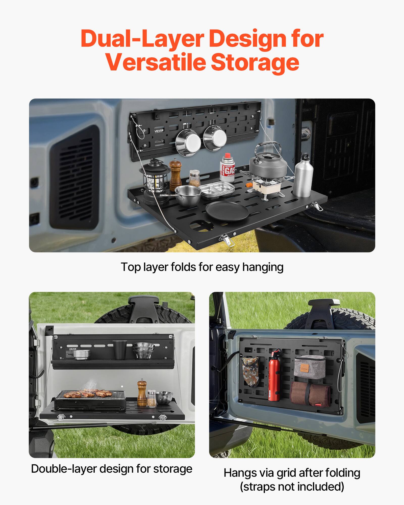 Dual-Layer Design for Versatile Storage

Top layer folds for easy hanging

Double-layer design for storage

Hangs via grid after folding (straps not included)