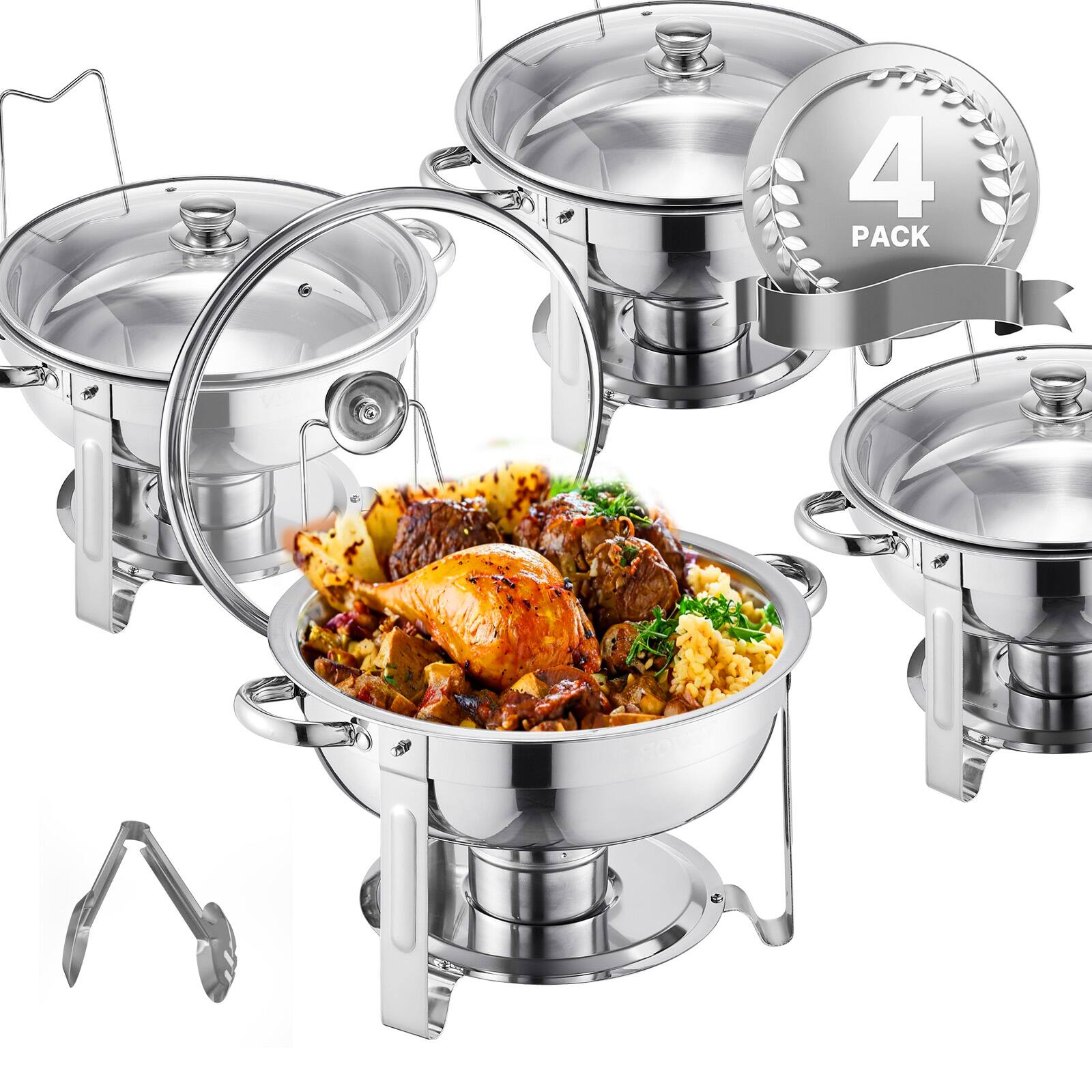 VEVOR - Chafing Dish Buffet Set, 5 Qt 4 Pack, Stainless Steel Chafer with 4 Full Size Pan, Round Catering Warmer Server - Silver