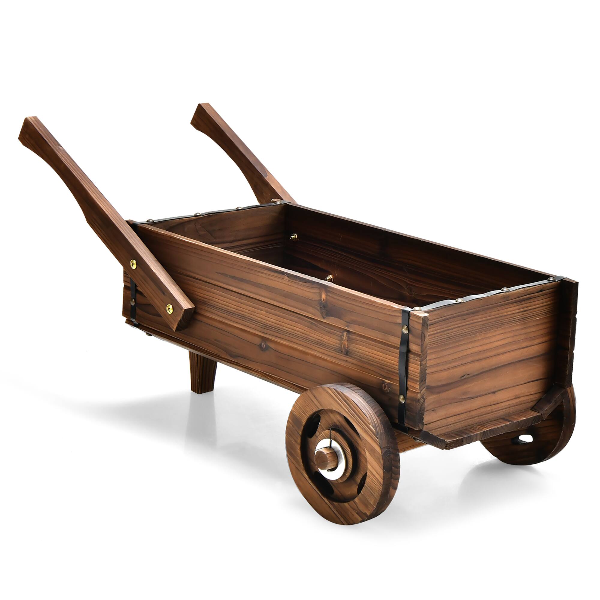 Alt View 2. Costway - Decorative Wagon Cart Plant Flower Pot Stand Wooden Raised Garden Planter Box - Rustic Brown.