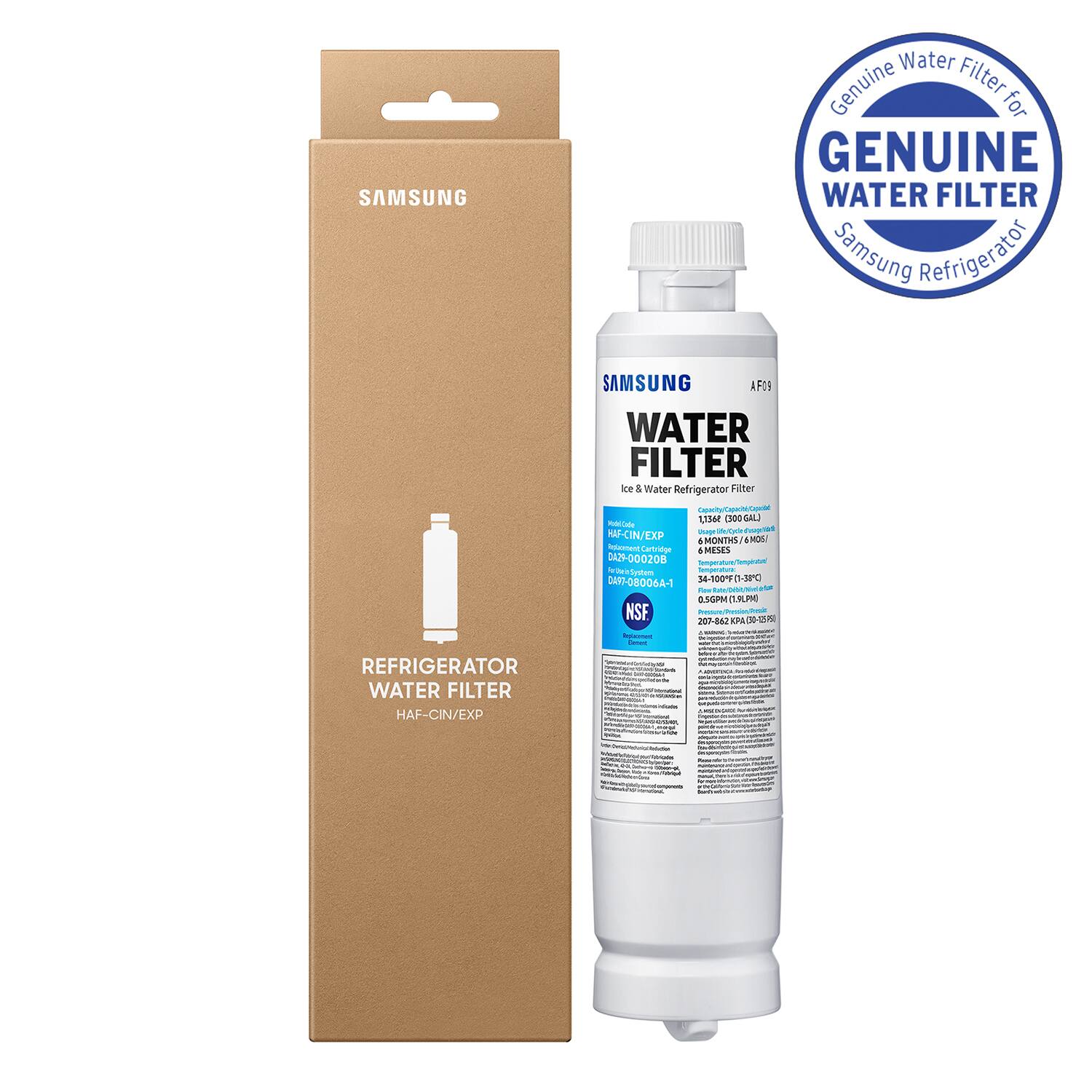 SAMSUNG Genuine Water Filter for Samsung Refrigerator  
AF09  
Ice & Water Refrigerator Filter  
Capacity: 300 GAL (1,136 L)  
6 MONTHS / 6 MESES  
HAF-CIN/EXP  
NSF Certified  
0.5 GPM (1.9 LPM)  
207-862-PA-1395  

REFRIGERATOR WATER FILTER  
HAF-CIN/EXP  

Genuine Water Filter for Samsung Refrigerator
