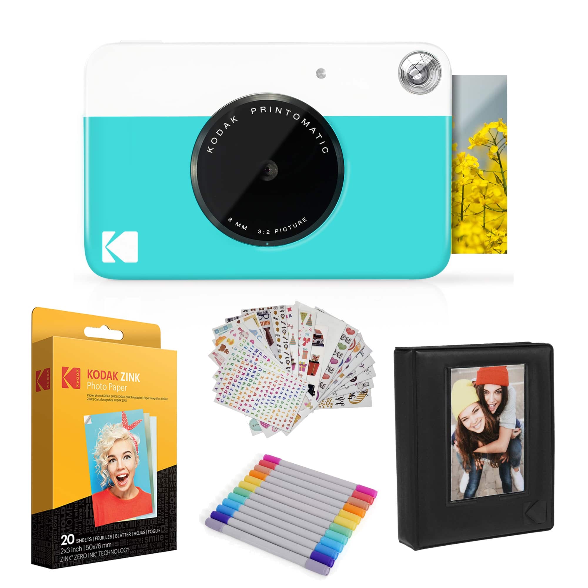 Kodak - Printomatic Instant Print Camera, Photo Paper (20 Sheets) & Accesories Gift Bundle - Blue