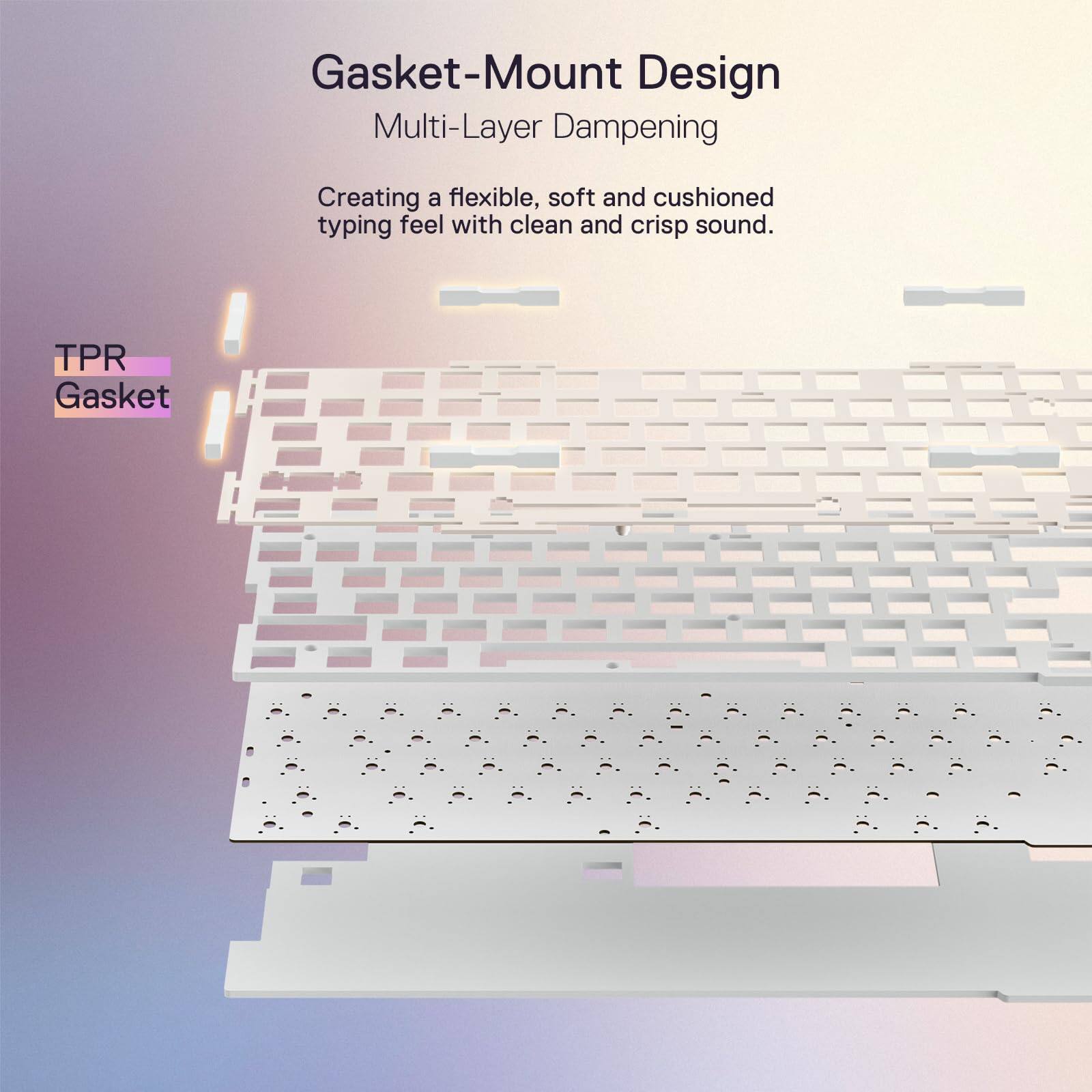 Gasket-Mount Design  
Multi-Layer Dampening  

Creating a flexible, soft and cushioned typing feel with clean and crisp sound.  

TPR Gasket
