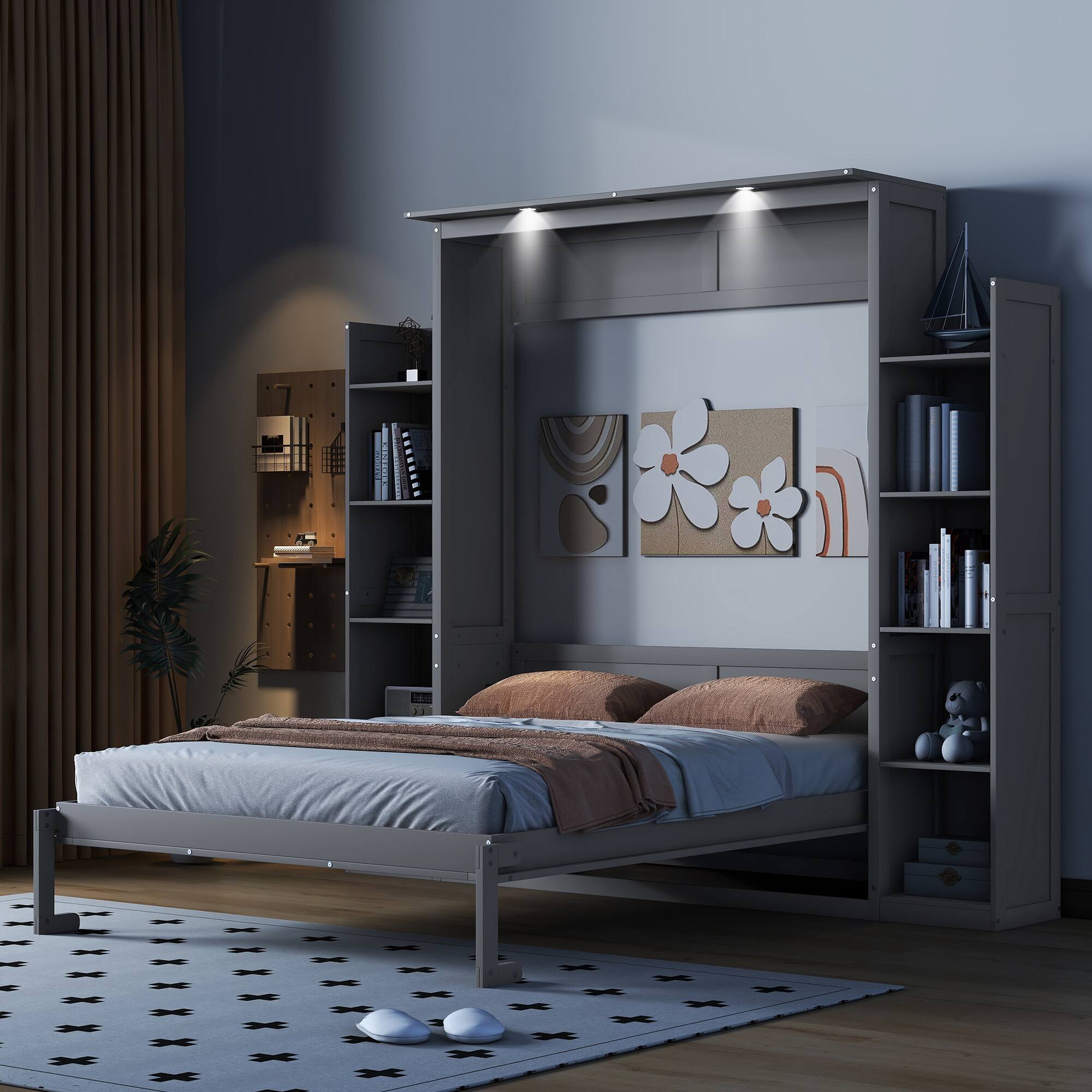 Back. Tiramisubest - Queen Size Gray Murphy Wall Bed with Shelves, LED Lights, Solid Wood + MDF, Space-Saving - Gray.