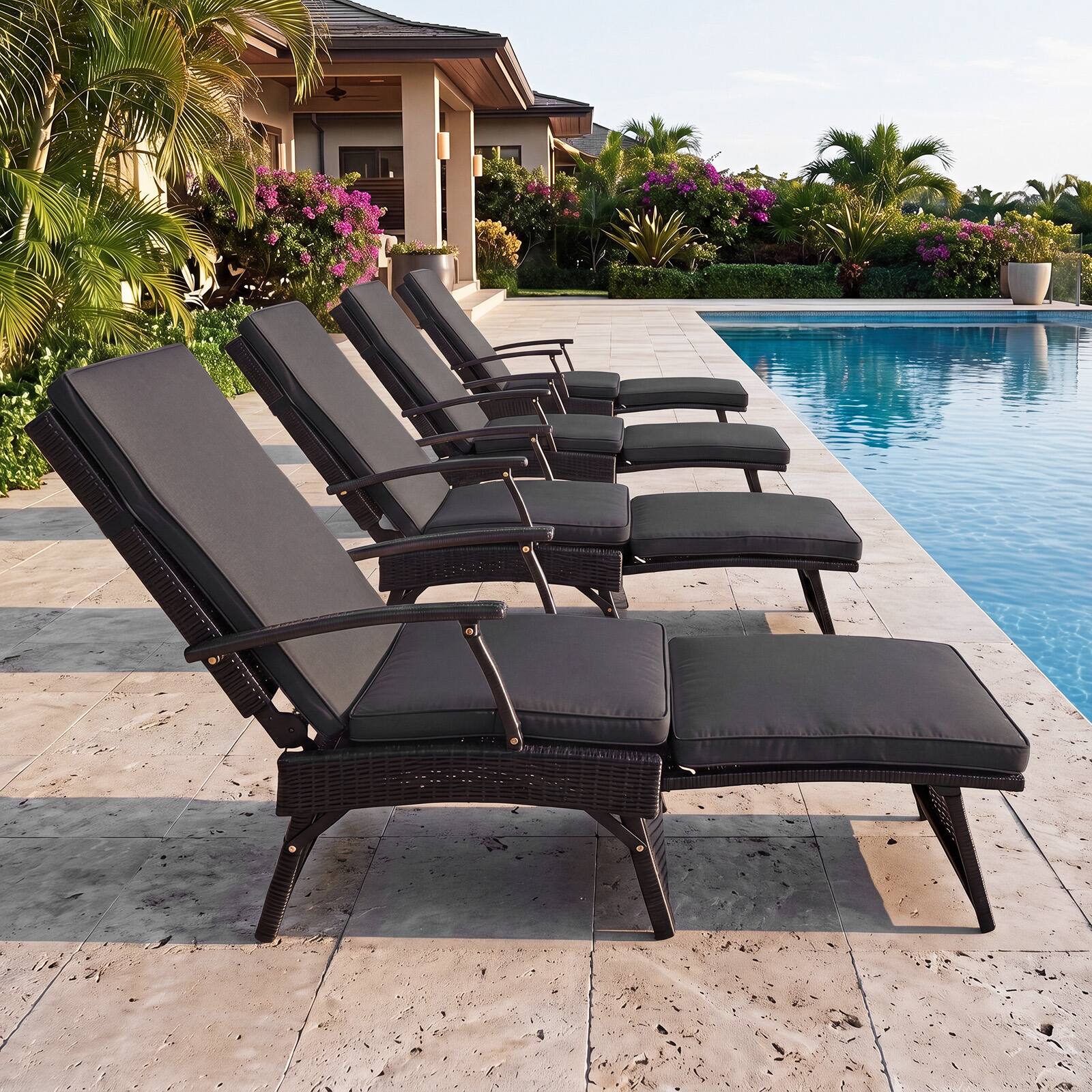 Alt View 4. Costway - Costway 1 PCS Folding Wicker Chaise Lounge with Slide-Out Ottoman, 11-Level Adjustable Backrest - Mix Brown+Black.