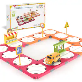 Everplay - 60PCS Race Car Track Building Blocks Playset with Accessories, STEM Educational Toy, Vehicle Track Set for Kids