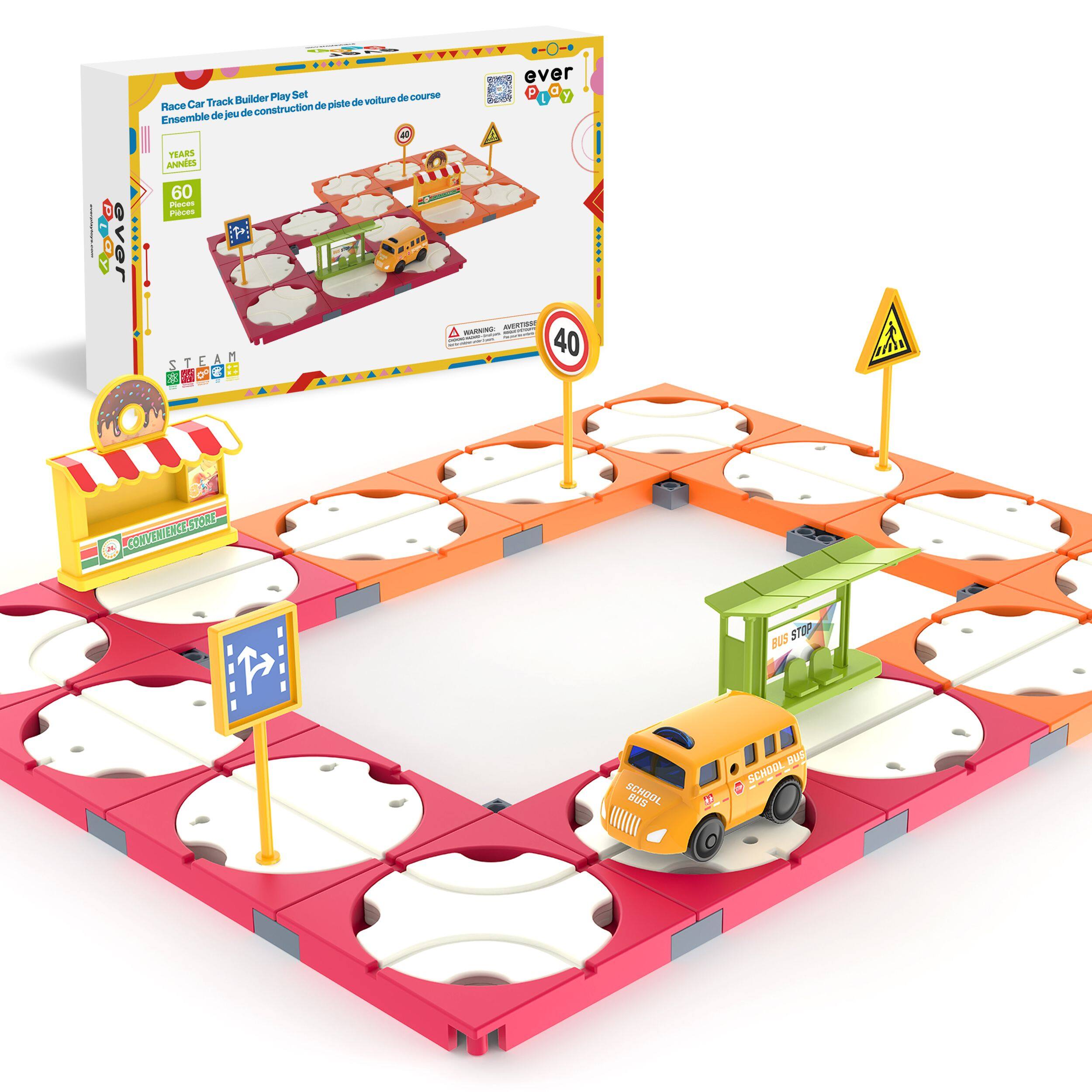 Race Car Track Builder Play Set  
Ensemble de jeu de construction de piste de voiture course  

60 Pièces  

ever  
Play  

40  

BUS STOP  

SCHOOL BUS  

P:  

A i - : - - 40 I 1 2 t CESTOLE CONVENIE BUS STOP BHODX 2 H BUR SCHOUL