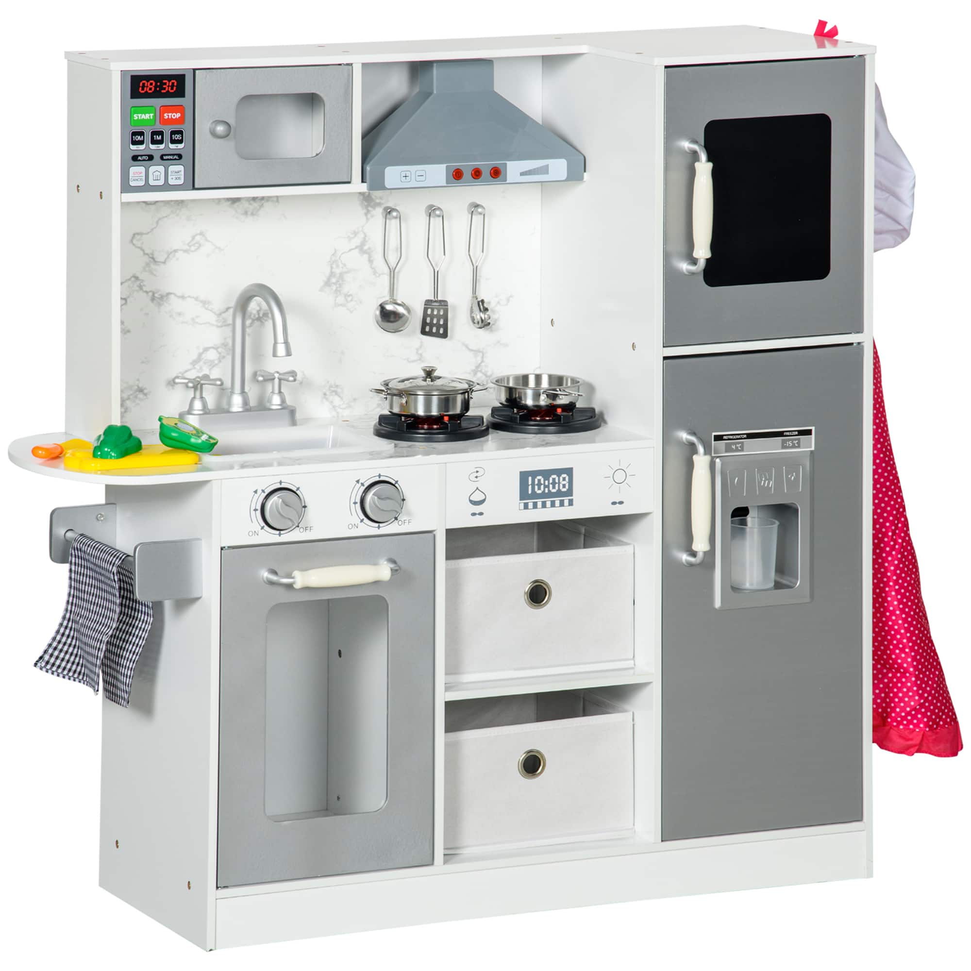 Qaba - Play Kitchen Set for Kids, Kids Kitchen Playset with Lights Sounds, Apron and Chef Hat, Ice Maker, Microwave, Towel Rack