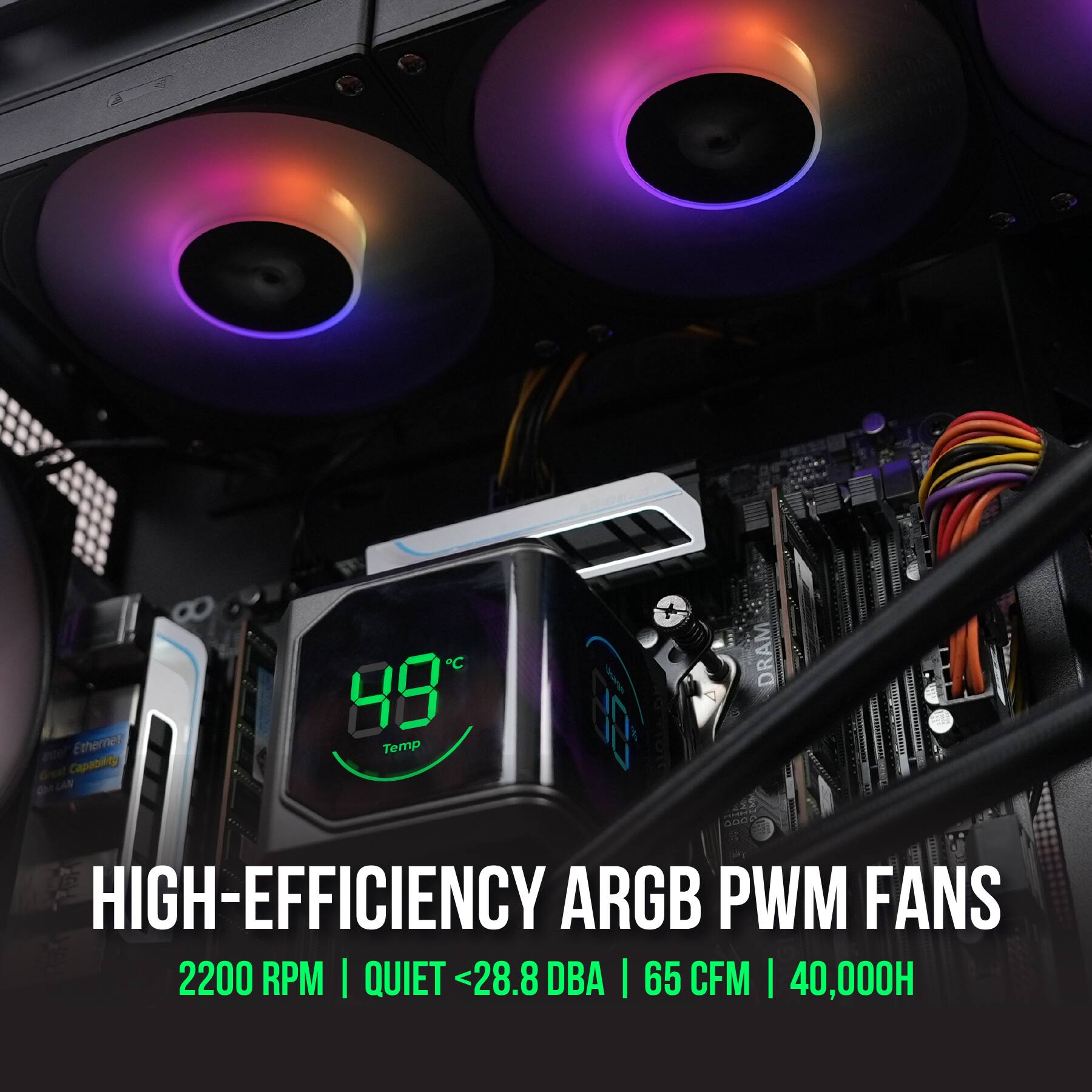 HIGH-EFFICIENCY ARGB PWM FANS  
2200 RPM | QUIET <28.8 DBA | 65 CFM | 40,000H
