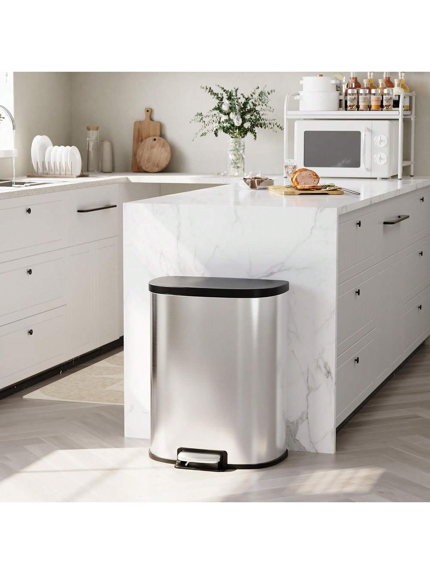 Angle. GARVEE - D Shape Kitchen Trash Can 50L 13 Gal Smudge Resistant Step On Garbage Can With Lid Stainless Steel Trash Bin - 50L/13.2 Gal.