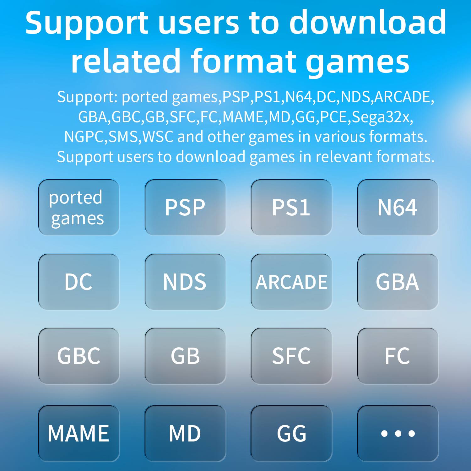 Support users to download related format games
Support: ported games, PSP, PS1, N64, DC, NDS, ARCADE, GBA, GBC, GB, SFC, FC, MAME, MD, GG, PCE, Sega32x, NGPC, SMS, WSC and other games in various formats.
Support users to download games in relevant formats.
ported games PSP PS1 N64 DC NDS ARCADE GBA GBC GB SFC FC MAME MD GG ...