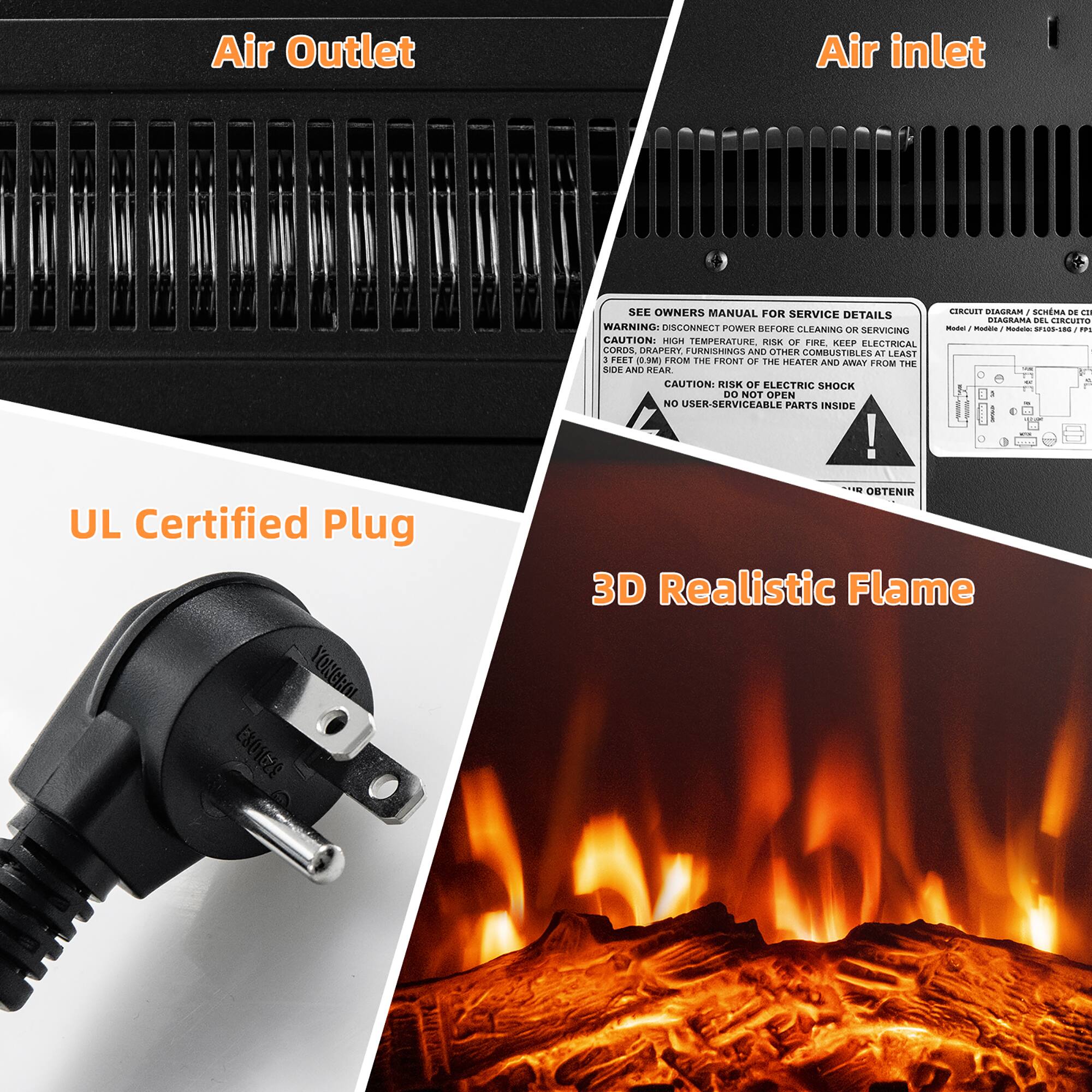 - Air Outlet
- Air Inlet
- UL Certified Plug
- 3D Realistic Flame
SEE OWNERS MANUAL FOR SERVICE DETAILS
WARNING: DISCONNECT POWER BEFORE CLEANING OR SERVICING
CAUTION: RISK OF ELECTRIC SHOCK
NO USER-SERVICEABLE PARTS INSIDE
OBTENIR