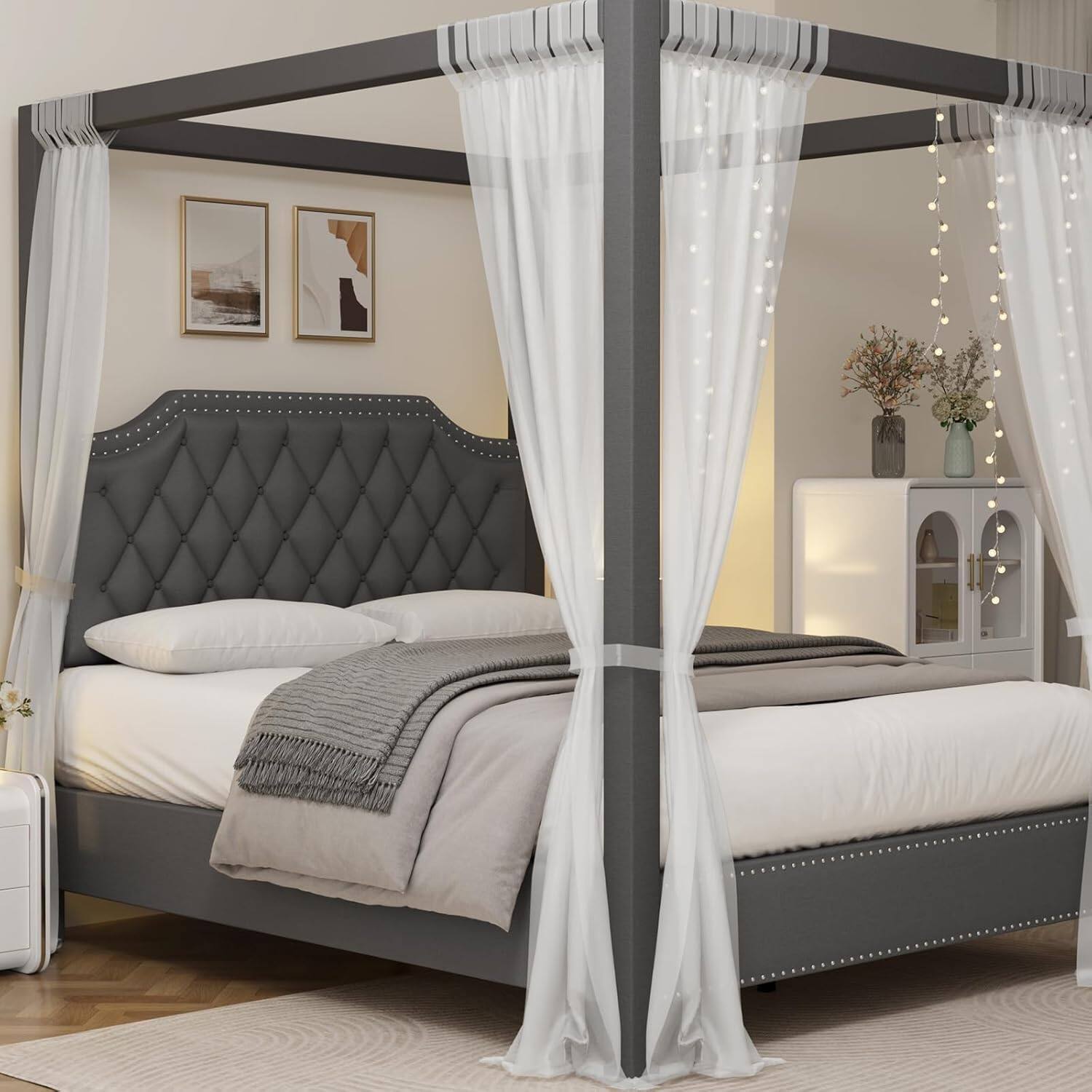 Front. Homhougo - Upholstered Canopy Bed Frame Queen Size with Headboard, Button Tufted, Nailhead Trim Design, No Box Spring Required - Dark Gray.