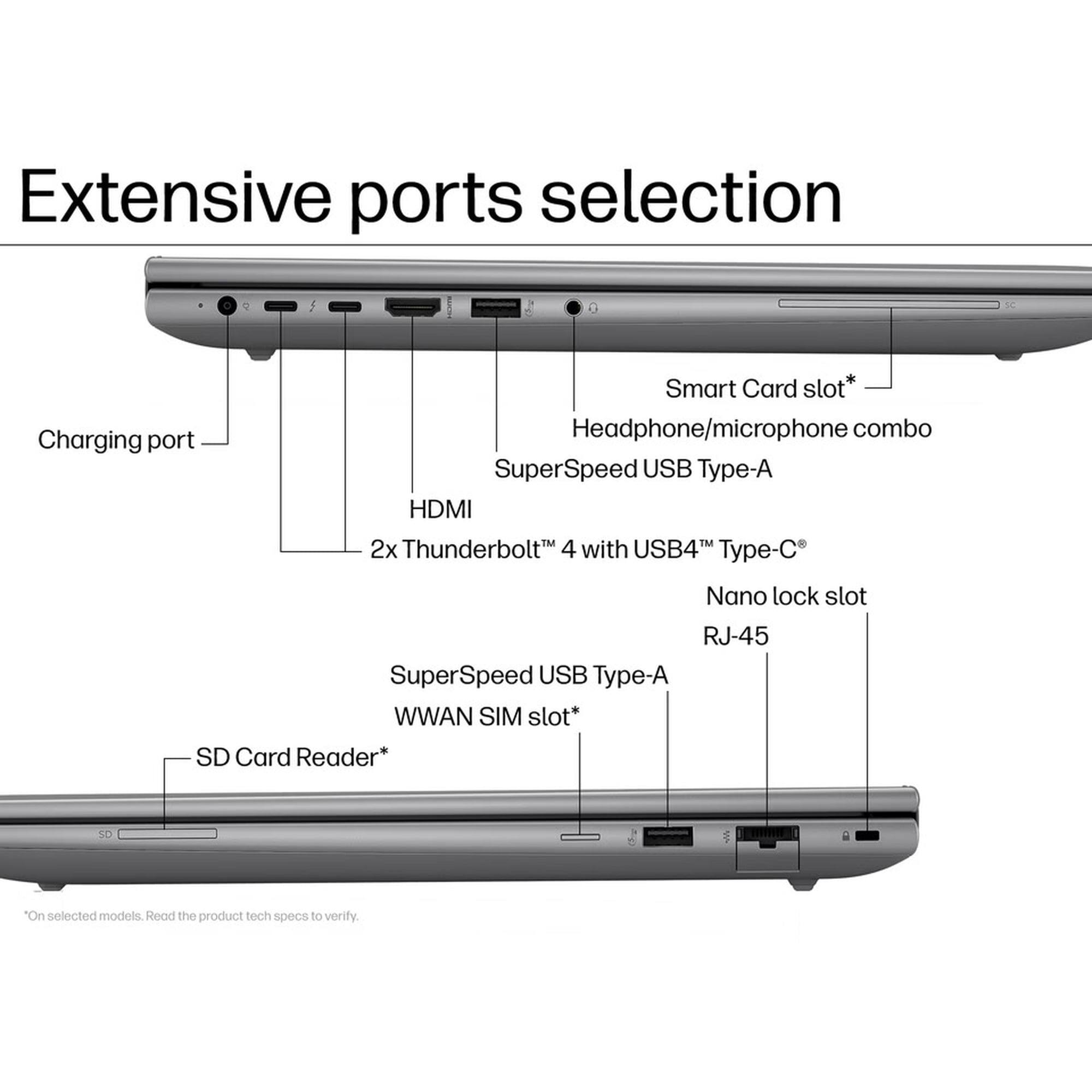 Extensive ports selection

- Smart Card slot
- Headphone/microphone combo
- Charging port
- SuperSpeed USB Type-A
- HDMI
- 2x Thunderbolt 4 with USB4™ Type-C
- Nano lock slot
- RJ-45
- SuperSpeed USB Type-A
- WWAN SIM slot*
- SD Card Reader*

*On selected models. Read the product tech specs to verify.
