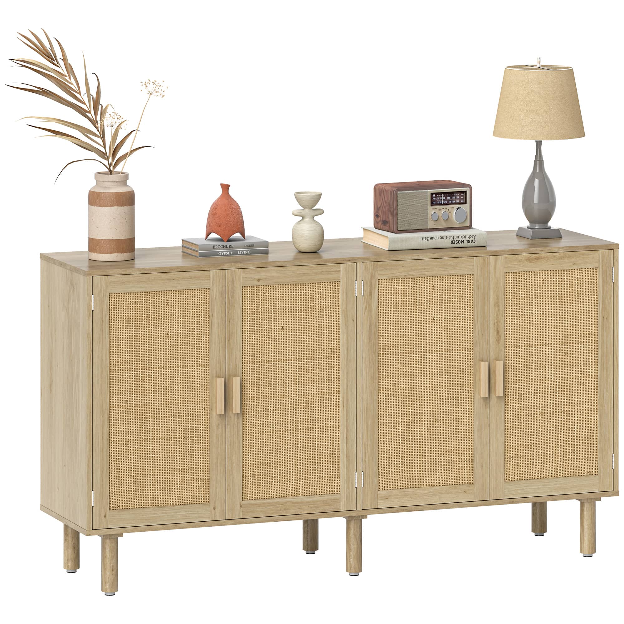 Homcom - Sideboard Buffet Cabinet, 62" Boho Buffet Table, Rattan Coffee Bar Cabinet with 4 Doors and Shelves for Kitchen - Natural Wood