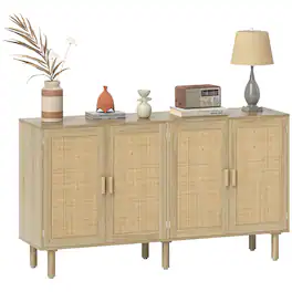 Homcom - Sideboard Buffet Cabinet, 62" Boho Buffet Table, Rattan Coffee Bar Cabinet with 4 Doors and Shelves for Kitchen - Natural Wood