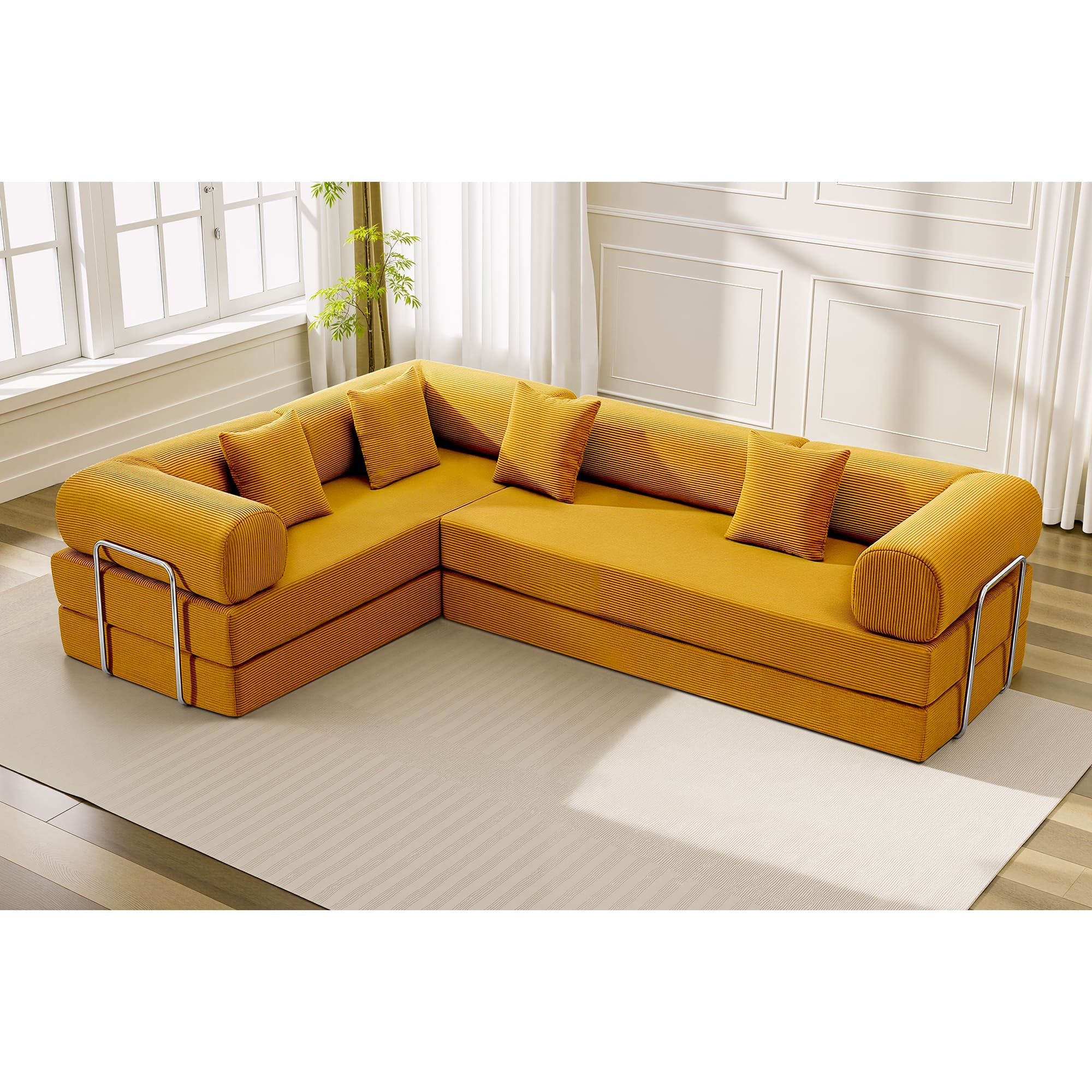 KERDOM - Upholstered L Shaped Modular Sofa Bed with Chaise, Corduroy Folding Floor Convertible Sofa Couch Bed for Living Room - Ginger Yellow