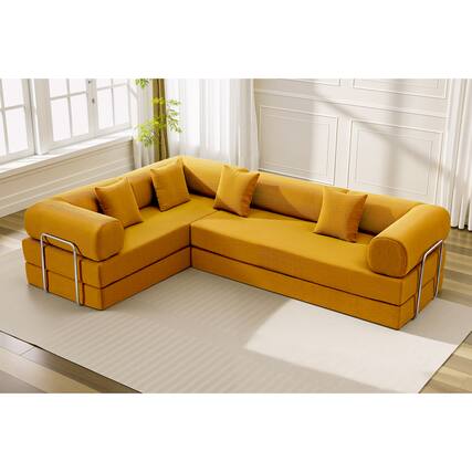 Front. KERDOM - Upholstered L Shaped Modular Sofa Bed with Chaise, Corduroy Folding Floor Convertible Sofa Couch Bed for Living Room - Ginger Yellow.