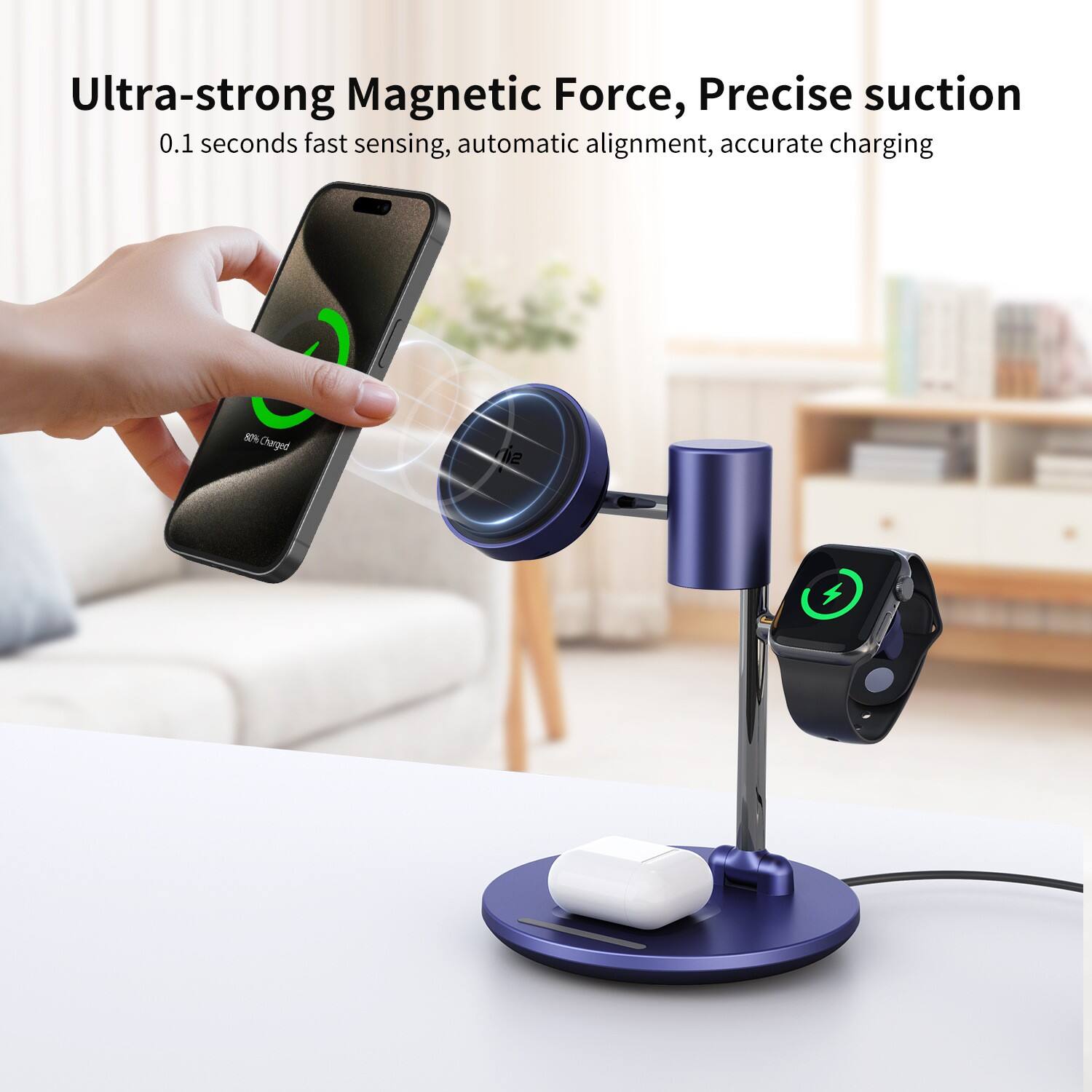 Ultra-strong Magnetic Force, Precise suction  
0.1 seconds fast sensing, automatic alignment, accurate charging