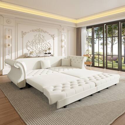 Front. Anysun - 97.6" Oversized Velvet Chesterfield Pull-Out Sofa Bed - Classic Roll Arm, Flower Tufting for Living Room & Apartment - White.