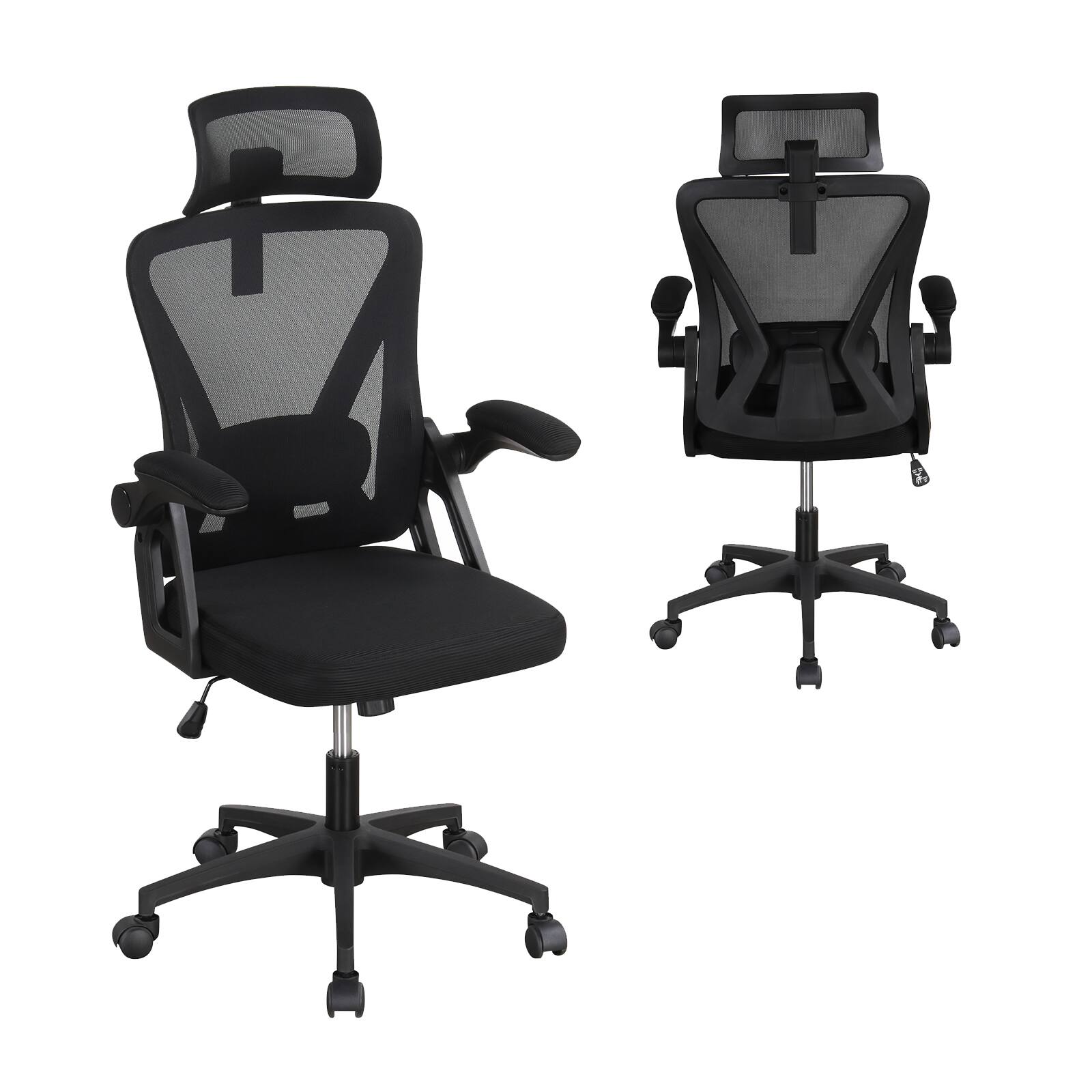 Left. WELLFOR - Ergonomic Mesh Office Chair with Adjustable Lumbar Support and Flip-up Armrests - Black.