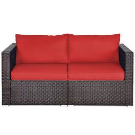Costway - 2PCS Patio Rattan Corner Sofa Sectional Furniture Set Cushion - Red