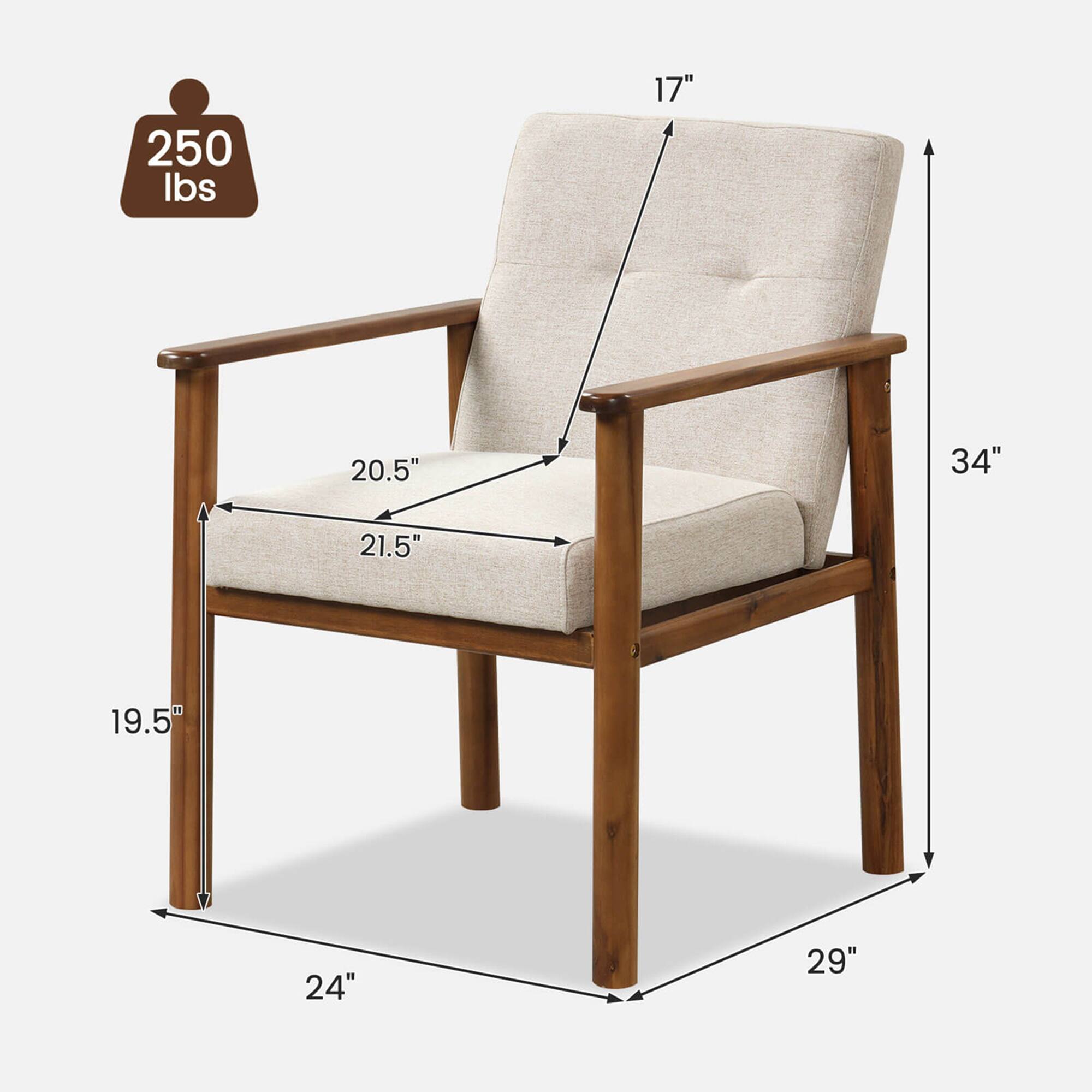 The image features a wooden chair with measurements displayed on it. The chair is 250 lbs, 17 inches, 20.5 inches, 34 inches, 21.5 inches, 19.5 inches, 24 inches, and 29 inches.