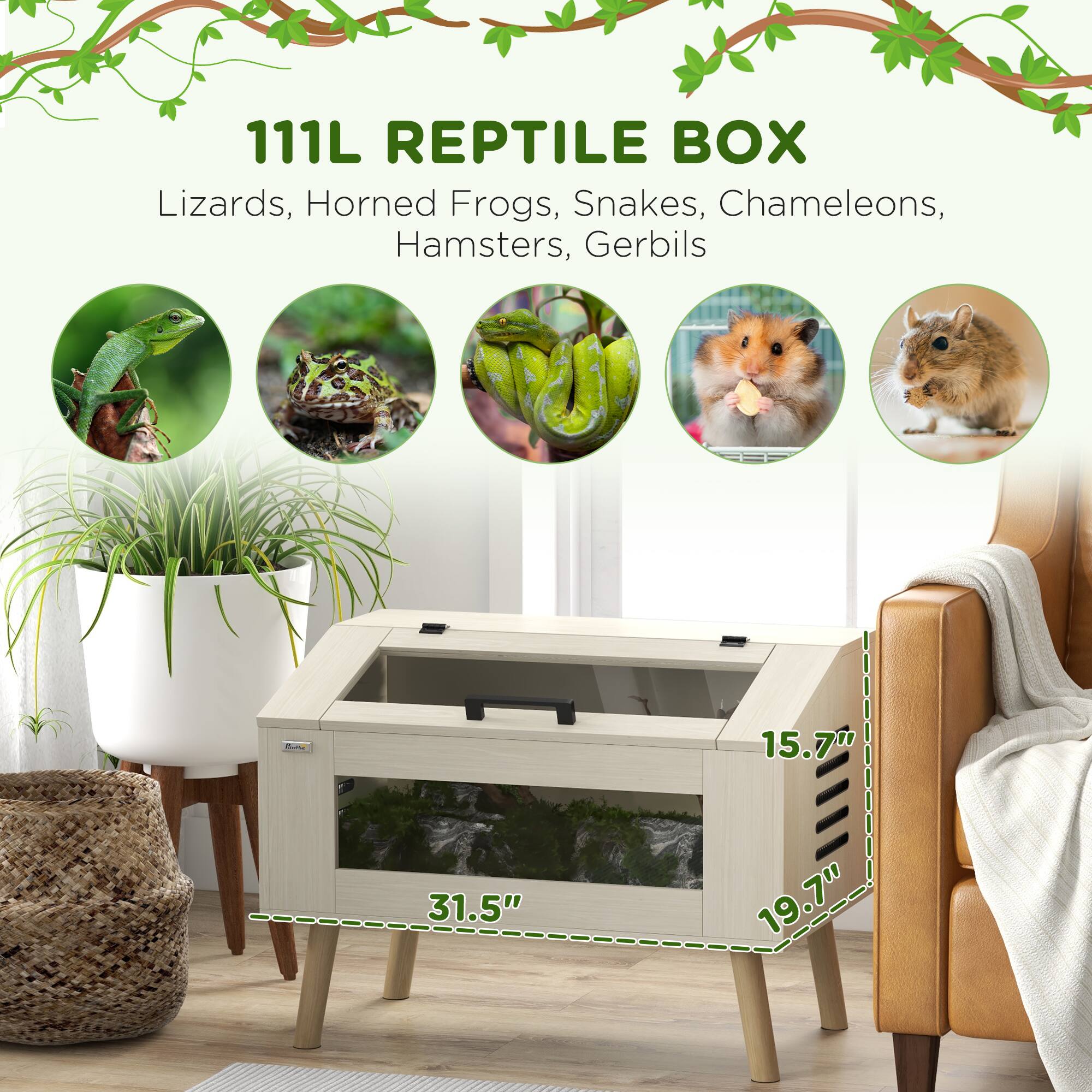 111L REPTILE BOX

Lizards, Horned Frogs, Snakes, Chameleons, Hamsters, Gerbils

15.7" x 31.5" x 19.7"