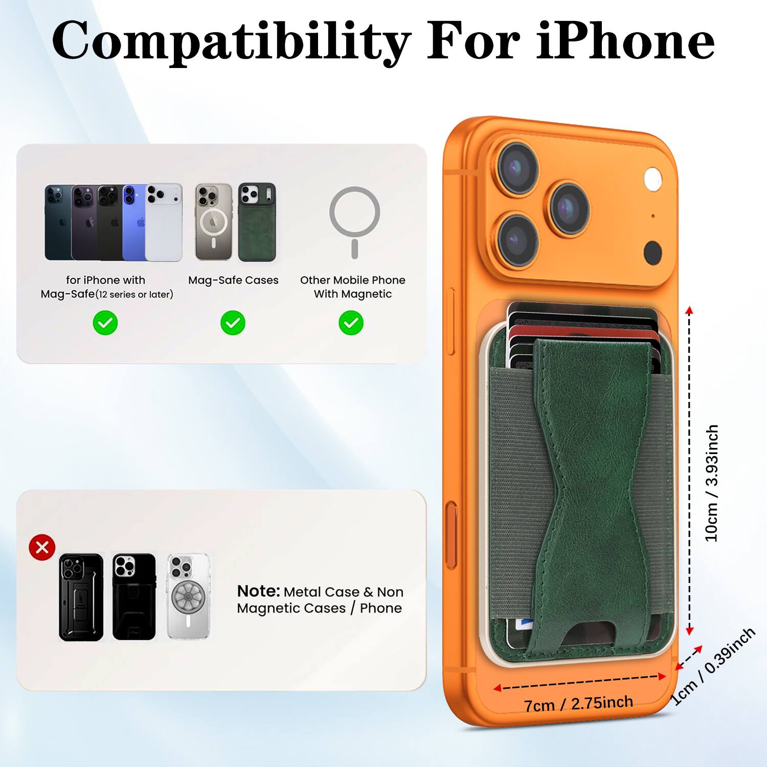 Compatibility For iPhone

- for iPhone with Mag-Safe(12 series or later) ✔️
- Mag-Safe Cases ✔️
- Other Mobile Phone With Magnetic Phone ✔️

Note: Metal Case & Non Magnetic Cases / Phone ❌

Dimensions:
- 10cm / 3.93inch
- 7cm / 2.75inch
- 1cm / 0.39inch