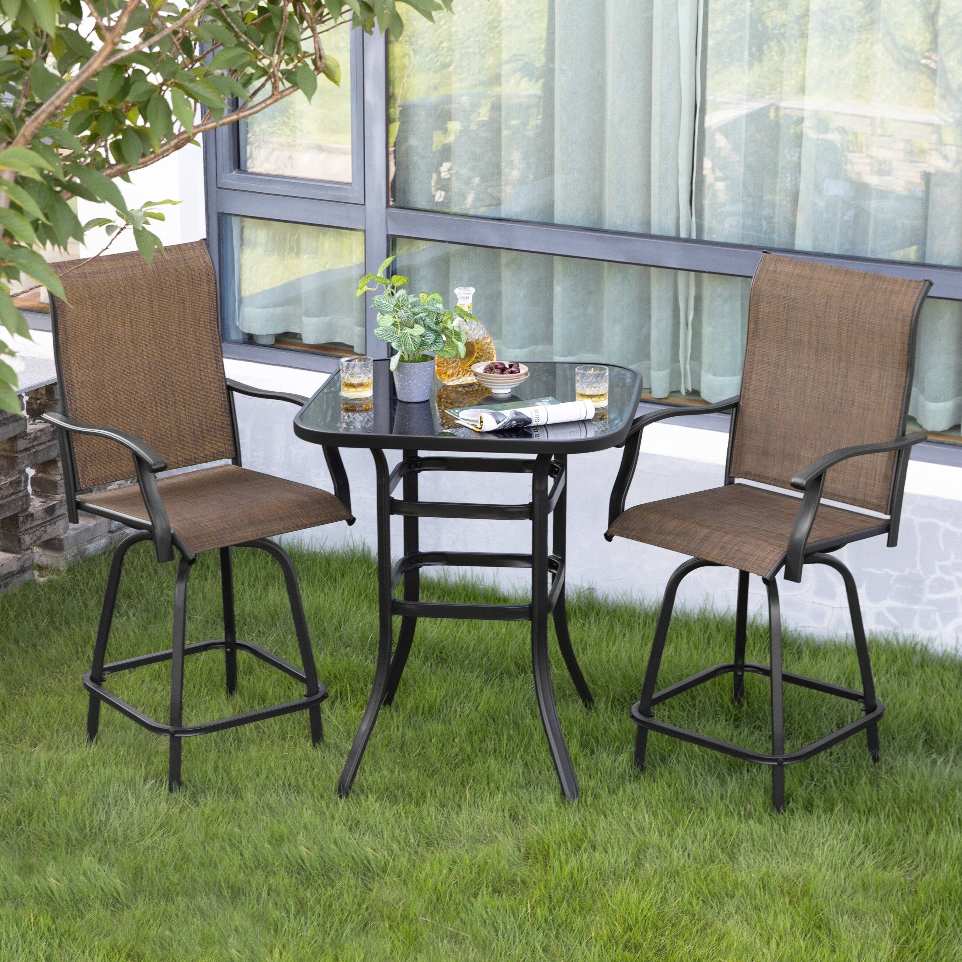 Angle. Nuu Garden - Outdoor Patio Swivel Bar Stool Set with Glass Table, All-Weather Textilene - Black and Brown.