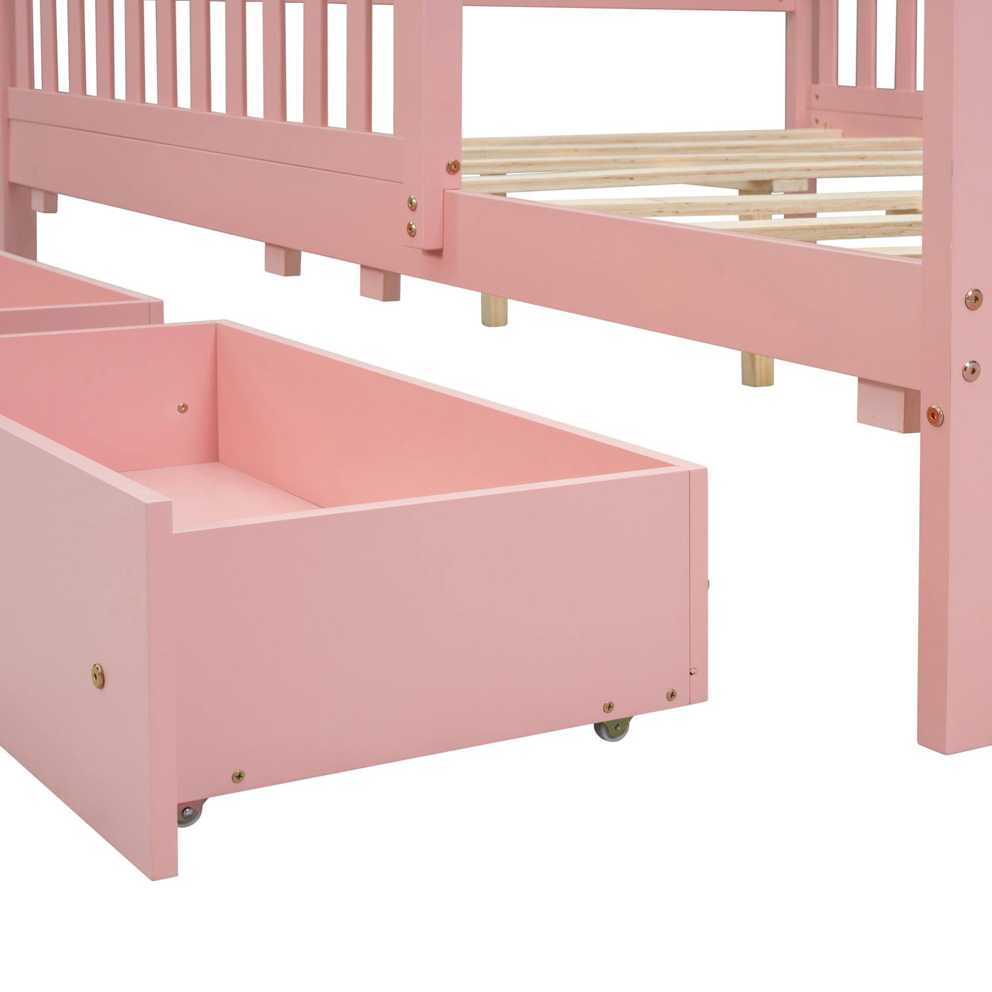 Alt View 5. GOODSILO - Full Size Wood Platform Bed with Guardrails, Storage Drawers, and Minimalist Headboard for Modern Bedrooms - Pink.