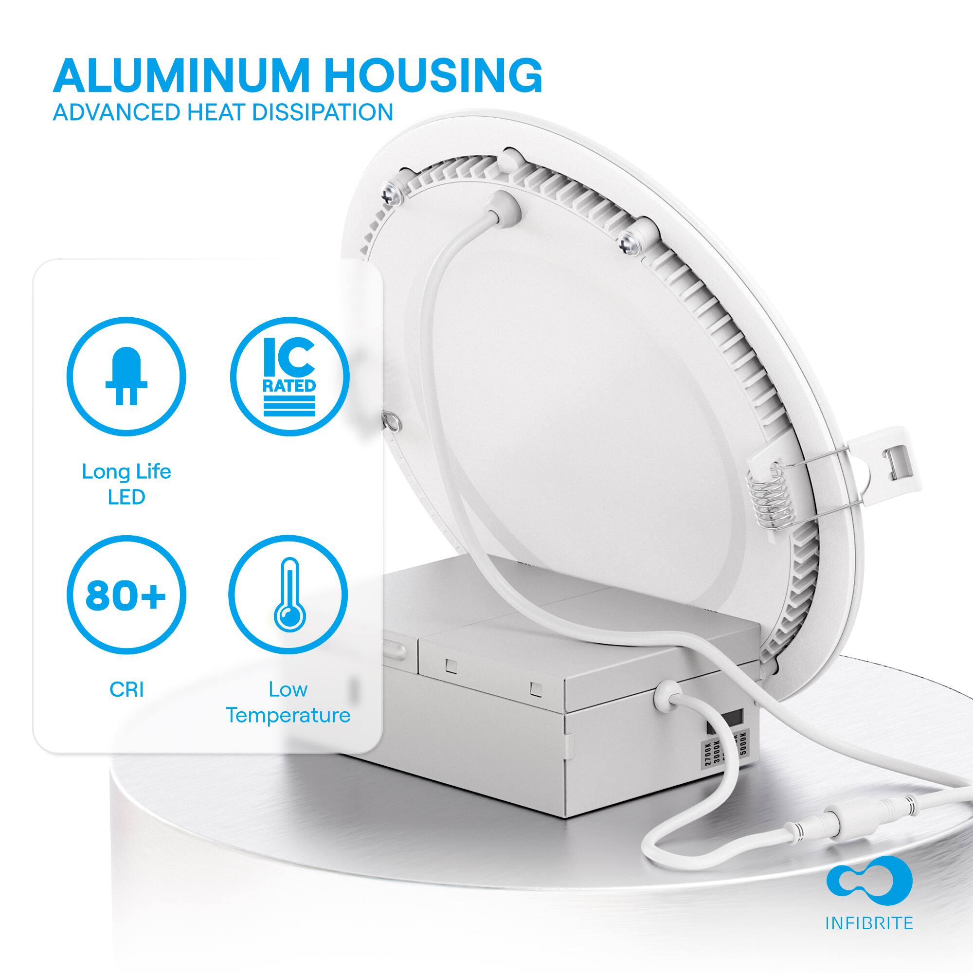 ALUMINUM HOUSING ADVANCED HEAT DISSIPATION IC RATED Long Life LED 80+ CRI Low Temperature INFIBRITE