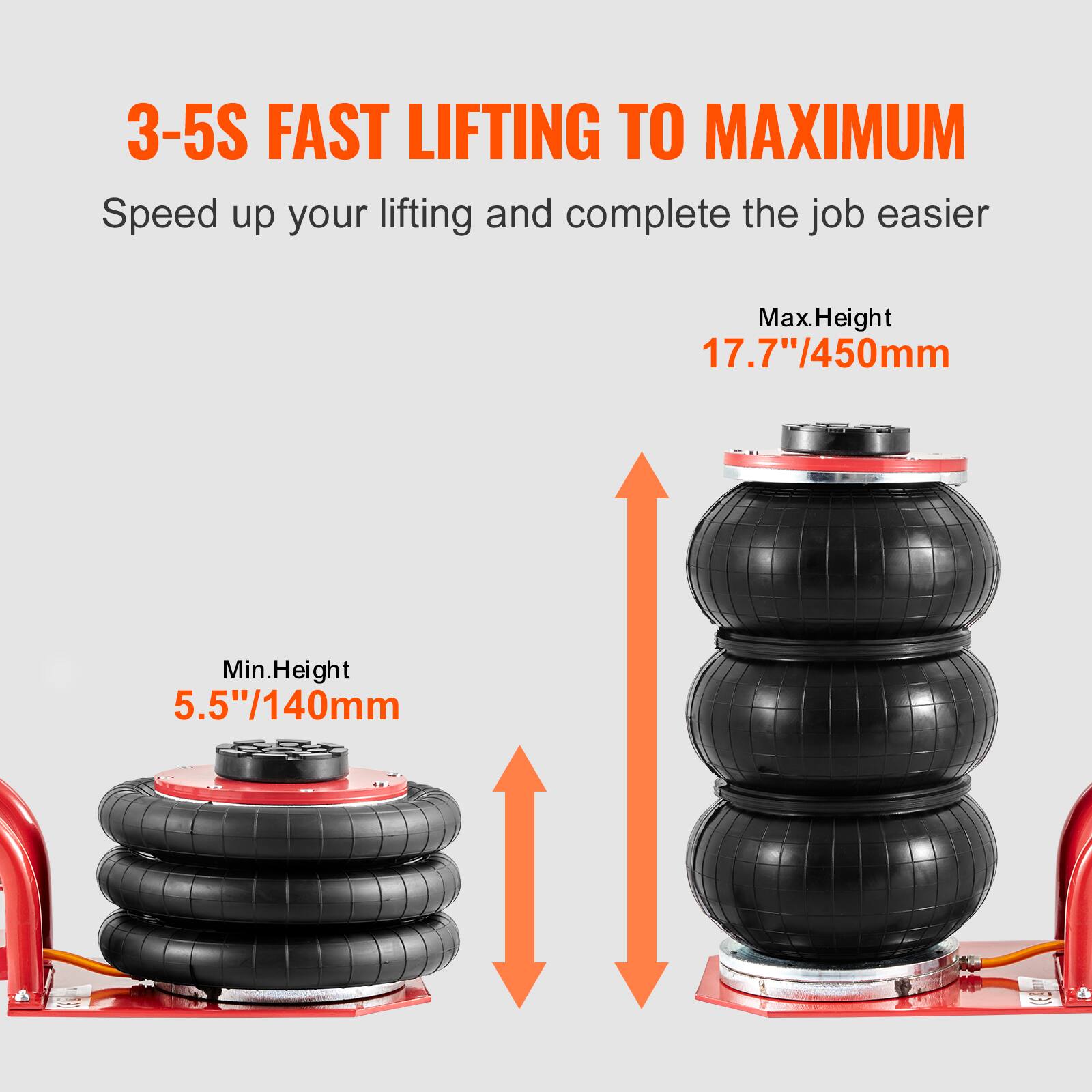 3-5S FAST LIFTING TO MAXIMUM  
Speed up your lifting and complete the job easier  
Max.Height 17.7"/450mm  
Min.Height 5.5"/140mm