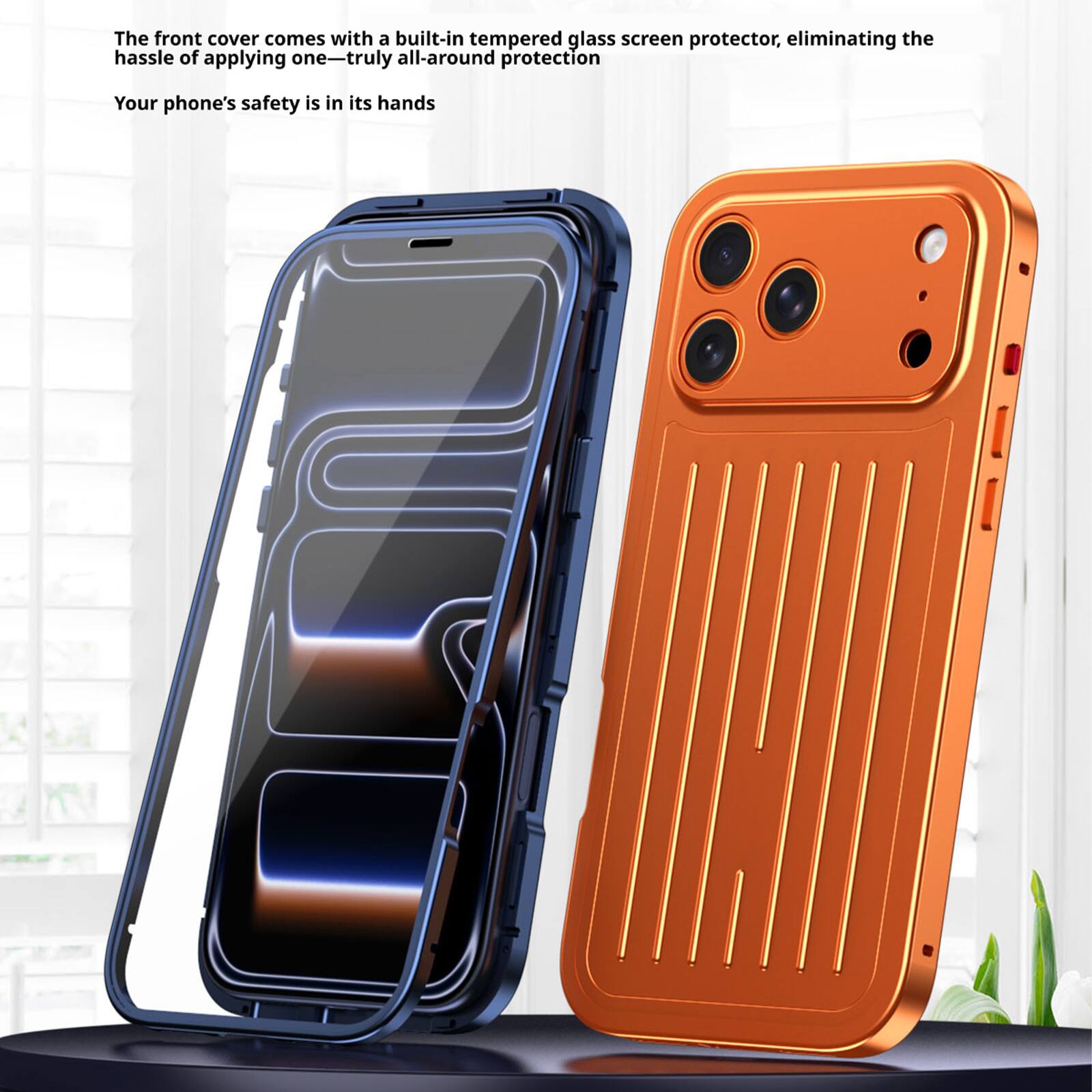 The front cover comes with a built-in tempered glass screen protector, eliminating the hassle of applying one—truly all-around protection

Your phone's safety is in its hands