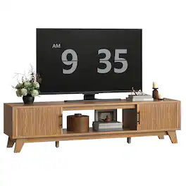Bestier - Fluted TV Stand for 75" TV, Modern Console Medium Entertainment Center with Storage Cabinet & Open Shelf - Brown
