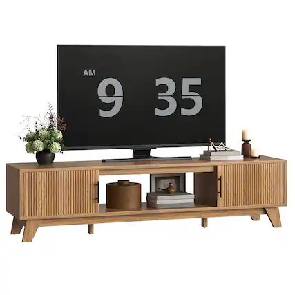 Front. Bestier - Fluted TV Stand for 75" TV, Modern Console Medium Entertainment Center with Storage Cabinet & Open Shelf - Brown.