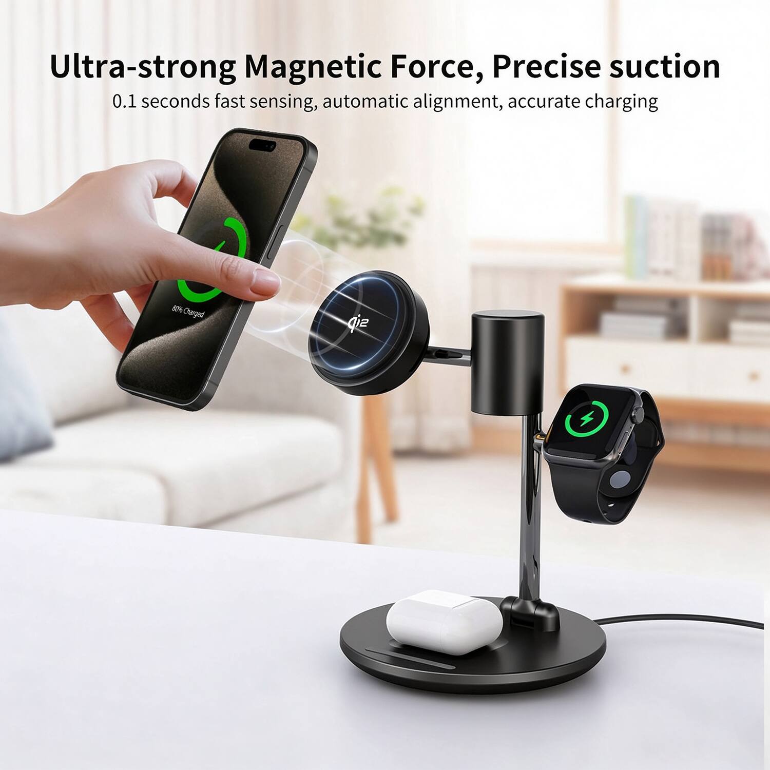 Ultra-strong Magnetic Force, Precise suction  
0.1 seconds fast sensing, automatic alignment, accurate charging