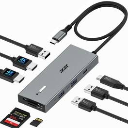 Acer - USB C Docking Station Dual Monitor With 4K HDMI, 9-IN-1 Docking Station with USB A&C 3.0, SD/Micro SD, 100W Charging - Gray