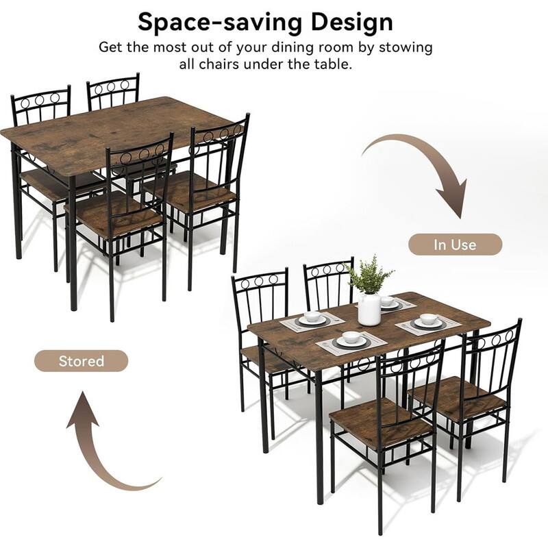 Space-saving Design  
Get the most out of your dining room by stowing all chairs under the table.  

In Use  
Stored