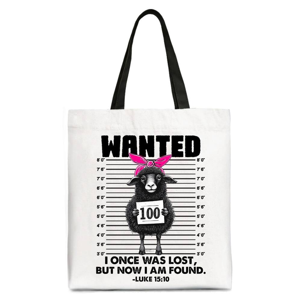 OrnamentallyYou - I Once Was Lost But Now I Am Found Luke 15:10 Christian Tote Bag, Wanted Black Sheep Gift Shopper - White Black