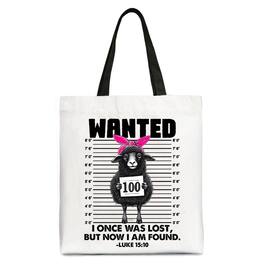 OrnamentallyYou - I Once Was Lost But Now I Am Found Luke 15:10 Christian Tote Bag, Wanted Black Sheep Gift Shopper - White Black