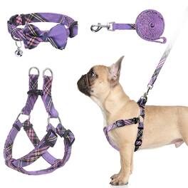 Paradigms Interiors - Dog Harness With Leash And Bow Tie Collar Set - Beige Plaid Puppy Escape Proof No Pull Vest For Outdoor - Purple-S(Chest Girth:14.9''-20.9'')