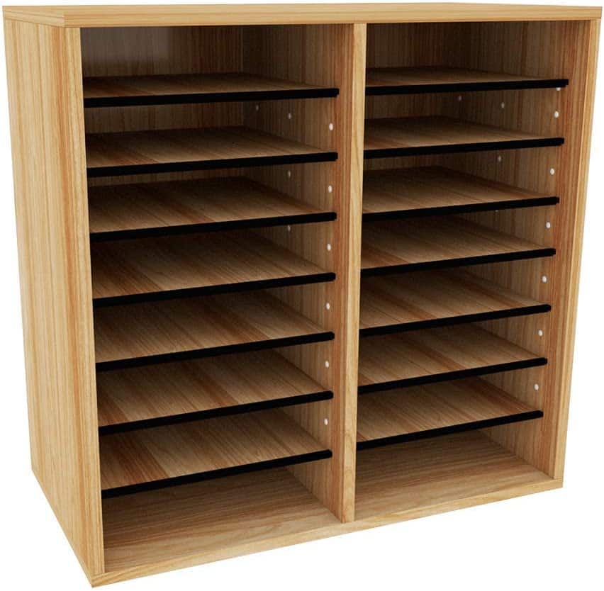 AdirOffice - Wood Adjustable 16 Compartment Literature File Organizer, 11.8”D x 20”W x 21.4”H - Medium Oak