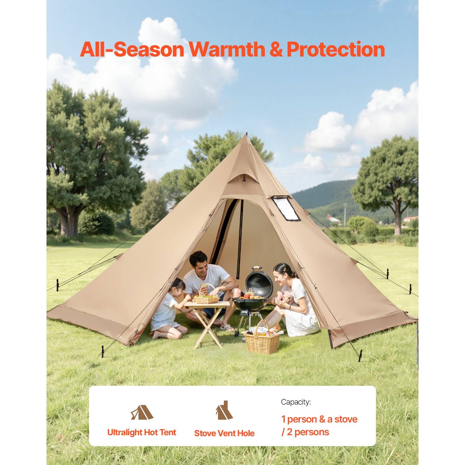 All-Season Warmth & Protection

Capacity:
1 person & a stove / 2 persons

Ultralight Hot Tent
Stove Vent Hole