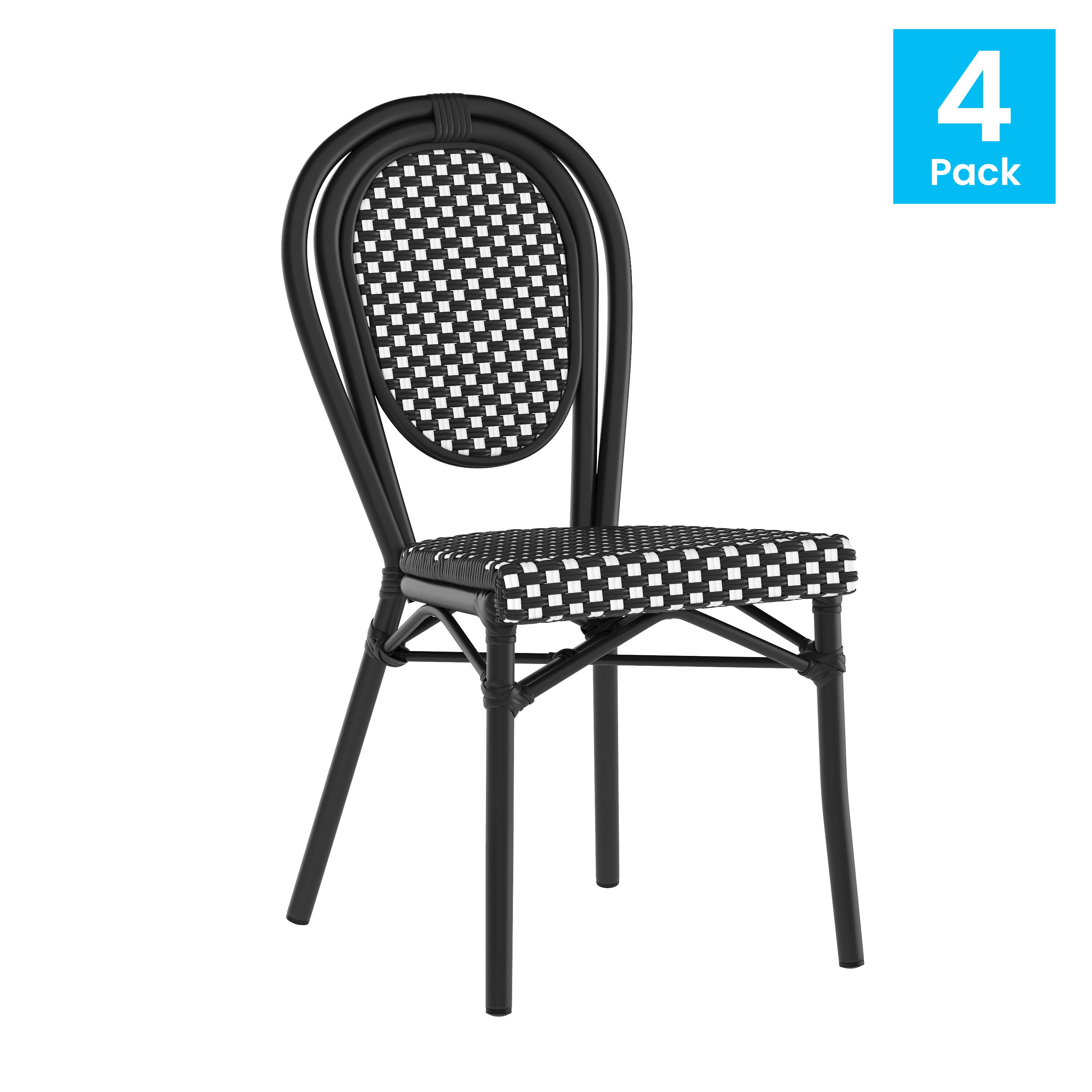 Alt View 1. Emma + Oliver - Colmar Set of Four Indoor/Outdoor Stacking Thonet Bistro Style Chairs with PE Rattan Seat and Metal Frame - Black & White/Black Frame.