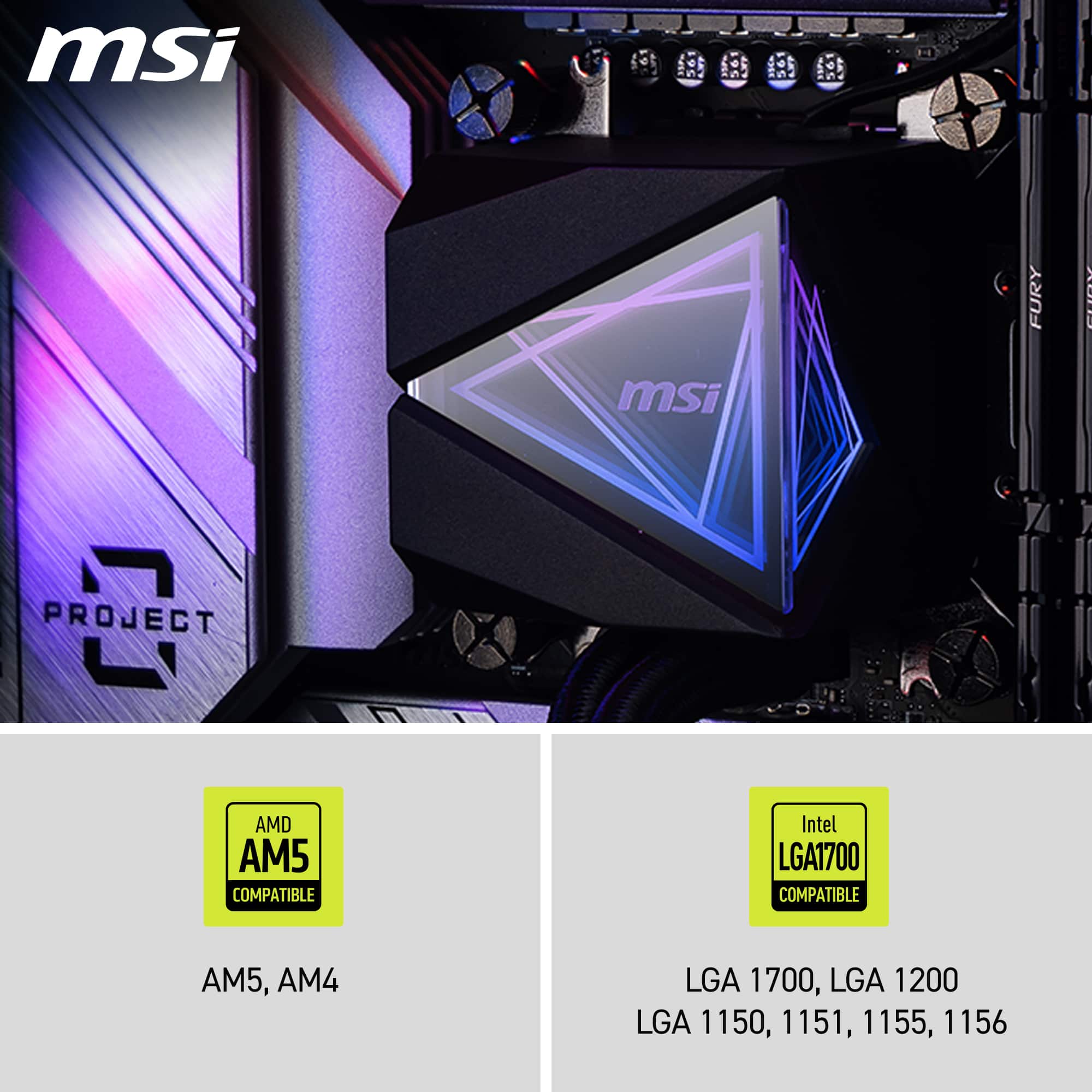 MSI is a company that produces computer components and accessories. In the image, there is a close-up view of a computer component, which is compatible with both AMD and Intel processors. The component is designed for use with the AM5 and LGA1700 sockets, making it compatible with a wide range of processors. The image showcases the versatility and compatibility of MSI's products, catering to the needs of various users and systems.